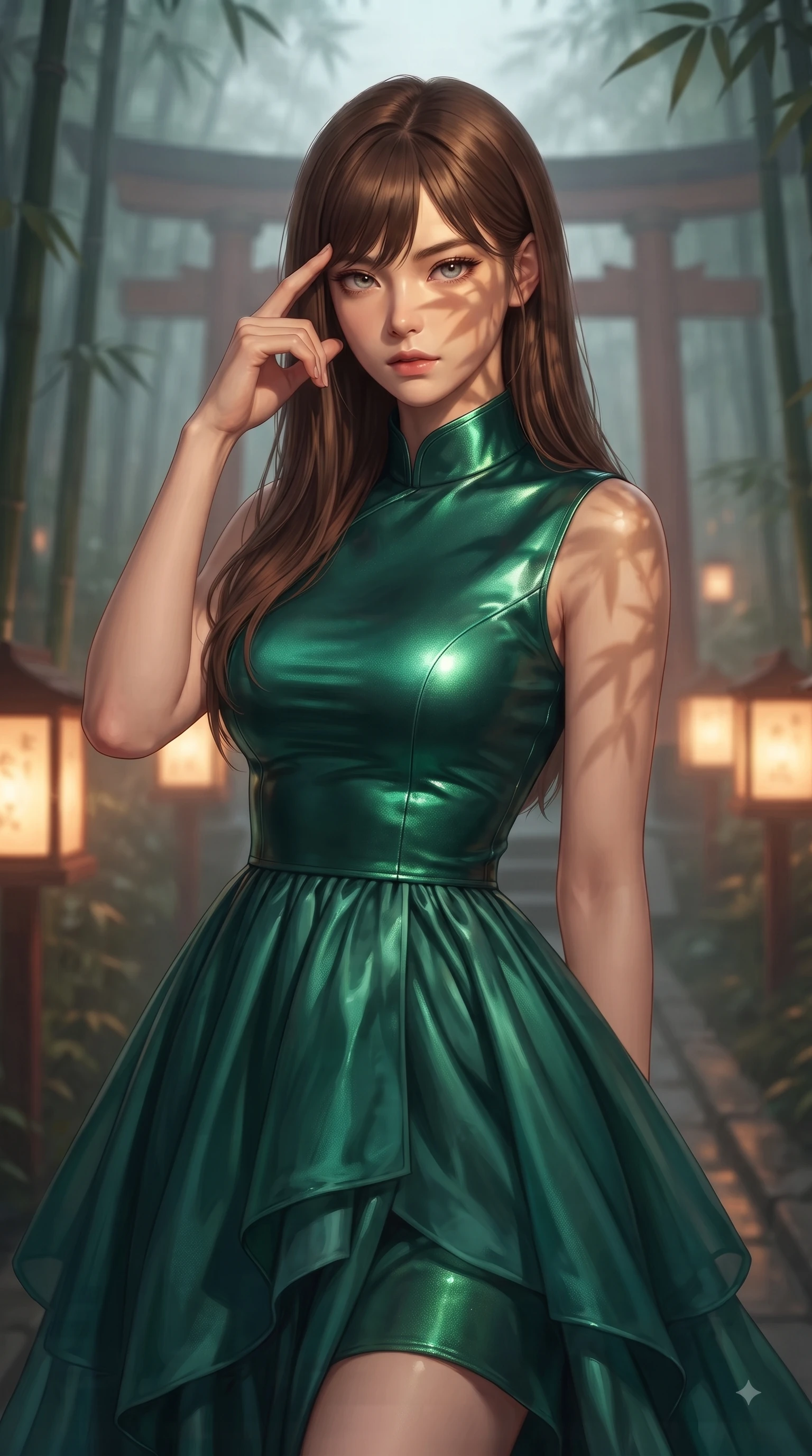 score_9, masterpiece, best quality, ultra-detailed, high-budget anime keyframe, editorial fashion photography, tasteful artistic composition, Korean woman woman. close-up cowboy shot from the waist and thighs up, the character dominates the composition, filling the frame with her large presence, background elements kept in soft focus. She has an exceptionally elegant, slender, and willowy female figure with an ultra-slim waist, a gracefully sculpted slender torso, and a refined silhouette. pressing two fingers to her temple in a composed gesture, gazing past the camera with sharp focus, flawlessly proportioned anatomical accuracy, natural body alignment, perfectly sculpted elegant limbs, clean dynamic posture without body distortion. set against a soft-focus background of a misty bamboo torii shrine path with glowing paper lanterns. wearing a modern fusion silk hanbok dress with a structured emerald bodice and flowing layered skirt. bathed in warm amber lantern light casting soft organic bamboo leaf stencil shadows. ultra-reflective glossy finish, specular highlights, metallic sheen, high-contrast stereoscopic depth, volumetric dynamic lighting, 2k, ultra detail, master piece, 9:16 ratio