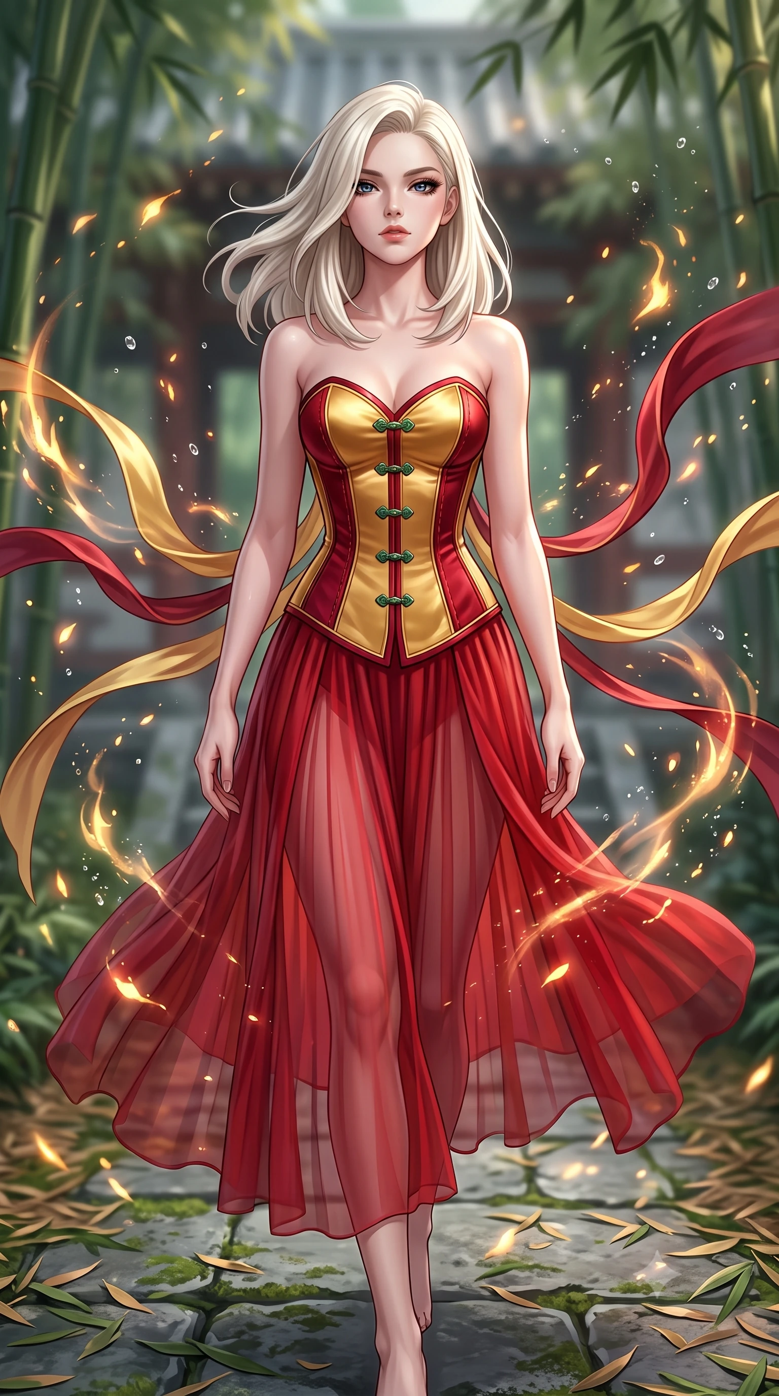 score_9, masterpiece, best quality, ultra-detailed, high-budget anime keyframe, semi-realistic 3D game render, editorial fashion photography, tasteful artistic composition, Caucasian woman. close-up cowboy shot from the waist and thighs up, the character dominates the composition, filling the frame with her large presence. tilting her chin up with proud, sovereign confidence while gazing directly into the lens with thick, dark eyelashes while striding along a stone path covered in fallen bamboo leaves with effortless, otherworldly supernatural balance. The composition keeps background elements in soft focus with creamy bokeh. sparkling spirit flame embers and floating moisture droplets scattering enchanting light motes. She has an exceptionally elegant, slender, and willowy female figure with an ultra-slim waist, a gracefully sculpted slender torso, toned flat midriff, and a refined slim silhouette. sharp v-shaped jawline, high-bridge nose, intricate jewel-like eyes with depth, thick eyelashes, glossy lips with a natural sheen, captivating and magnetic expression, flawlessly proportioned anatomical accuracy, strict slender model proportions, natural body alignment, perfectly sculpted long slender limbs, ultra-slim waistline, clean dynamic posture without body distortion. wearing a sacred shrine maiden couture robe with sheer pleated chiffon skirt and structured scarlet corset top in imperial gold and deep crimson silk, tailored from traditional lustrous satin with delicate hand-stitched borders, finished with genuine jade button closures and floating celestial silk ribbons, the liquid-tight tailored fabric emphasizing every curve of her tall, slender model proportions and sculptured silhouette during dynamic movement. surrounded by an enchanting, mysterious, and captivating oriental spirit sorceress aura. highly saturated vibrant anime colors, detailed shading with soft gradients, rich glossy textures, high-contrast stereoscopic depth, volumetric dynamic lighting, master piece, 9:16 ratio