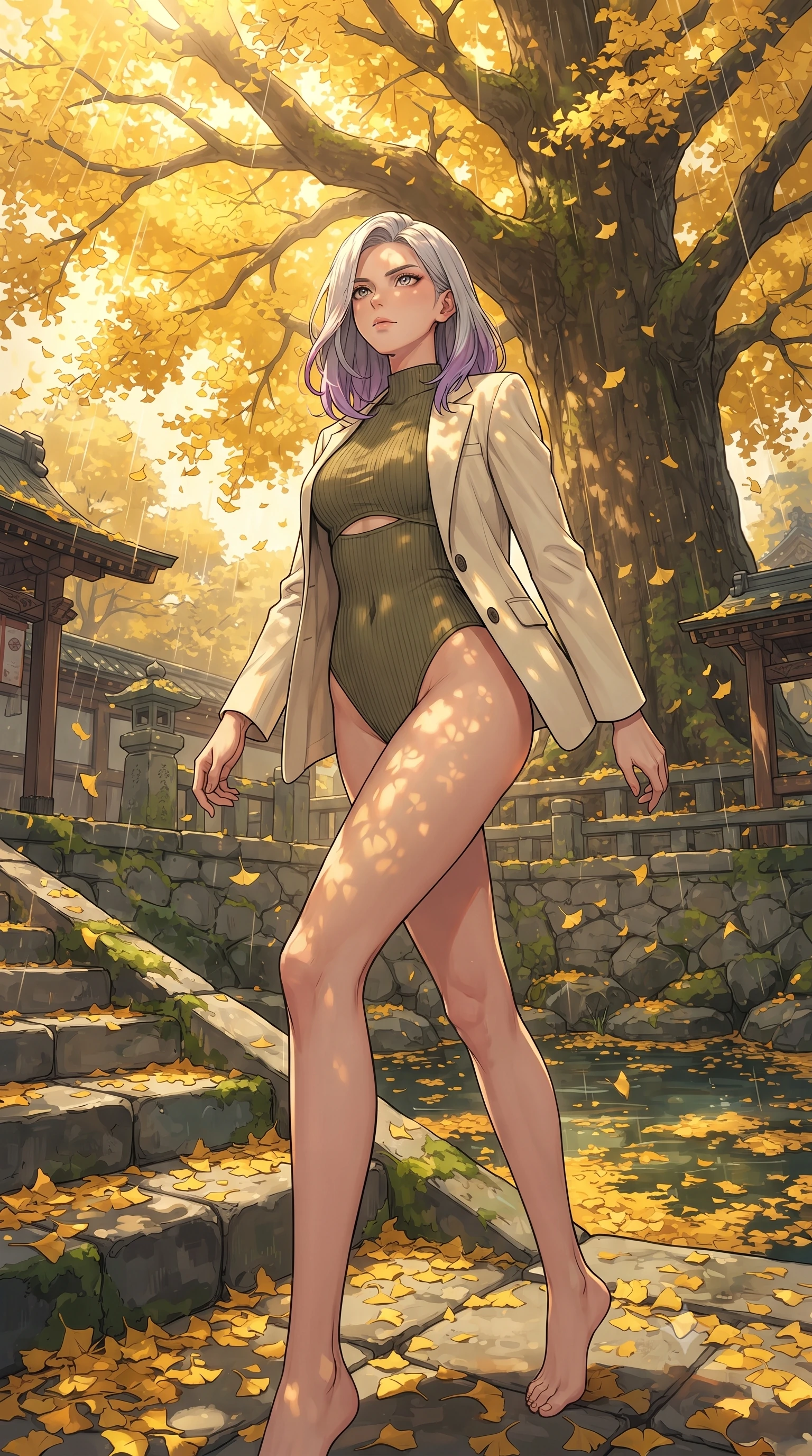 score_9, masterpiece, best quality, ultra-detailed, high-budget anime keyframe, gorgeous anime illustration, with clean line-art and distinct ink outlines, Caucasian woman, strictly human ears. low angle full-body shot from head to toe showing her feet, filling the entire 9:16 vertical frame with her statuesque presence, stretching her vertical silhouette. ascending with powerful grace through under a massive thousand-year-old ginkgo tree with brilliant golden leaves falling like a heavy rain storm, covering a stone courtyard and a traditional pond in a blanket of gold. She has a statuesque 8.5-heads proportion, an exceptionally tall, slender and willowy model-like build with impossibly long legs and a highly sculpted ultra-slim waist. sharp v-shaped jawline, high-bridge nose, intricate jewel-like eyes with depth, thick eyelashes, glossy lips with a natural sheen. wearing a fitted knit bodysuit in olive green with a subtle waist cutout, under an open cream blazer. warm golden afternoon sunbeams casting soft organic leaf shadows across her skin. 2k, ultra detail, master piece, 9:16 ratio, vibrant anime color palette, detailed cel-shading with soft gradients, rich contrast, dynamic lighting, 2d animation style