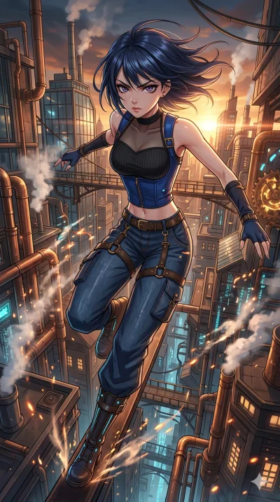 score_9, masterpiece, best quality, ultra-detailed, High-budget Anime Keyframe, beautiful Japanese anime girl. Upper body close-up from the thighs up, character filling the screen for maximum presence. Leaping across the rooftops of a steampunk city 