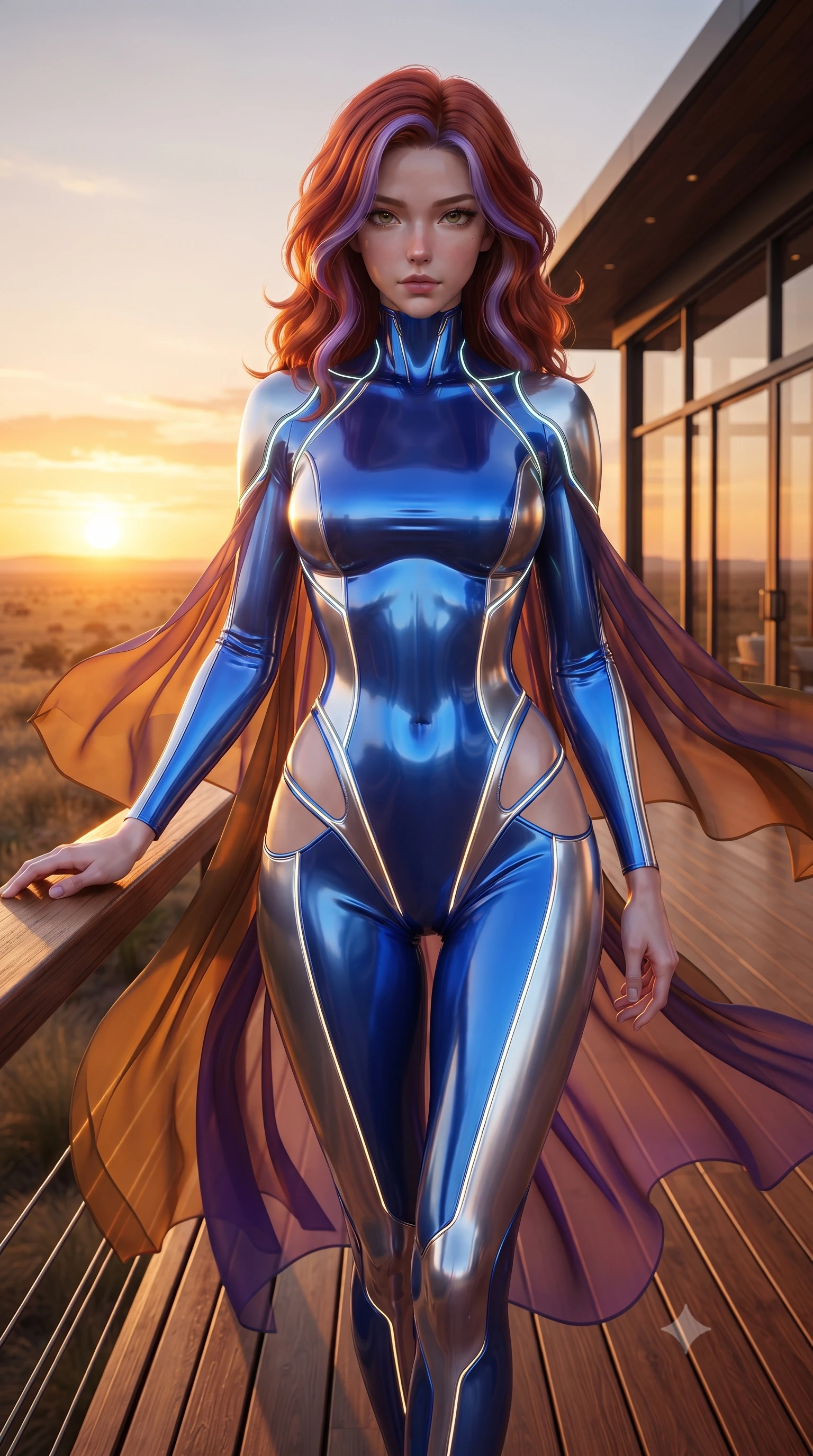 score_9, masterpiece, best quality, ultra-detailed, high-budget anime keyframe, editorial fashion photography, tasteful artistic composition, Caucasian woman. close-up cowboy shot from the waist and thighs up, the character dominates the composition, filling the frame with her large presence. gazing directly into the lens with bedroom eyes and a breathtaking, dangerous allure that commands the entire composition while standing with sovereign grace on a teak viewing deck as golden evening winds billow her sheer chiffon drapes against the sunset. The surrounding environment is rendered in vivid detail and crisp panoramic clarity. detailed golden savannah grass textures, burning sunset horizon gradients, and modern lodge glass in high clarity. She has an exceptionally elegant, slender, and willowy female figure with an ultra-slim waist, a gracefully sculpted slender torso, toned flat midriff, and a refined slim silhouette. sharp v-shaped jawline, high-bridge nose, intricate jewel-like eyes with depth, thick eyelashes, glossy lips with a natural sheen, flawlessly proportioned anatomical accuracy, strict slender model proportions, natural body alignment, perfectly sculpted long slender limbs, ultra-slim waistline, clean dynamic posture without body distortion. wearing a skin-tight cybernetic bodysuit with glowing neon seams, deep hip cutouts, and an aerodynamic athletic fit in liquid electric cobalt blue and polished silver, formed from high-gloss patent material with specular light reflections, accented with glowing fiber-optic seams tracing her collarbones and hip curves, the glove-like aerodynamic second-skin fit tightly clinging to her ultra-slender waist and athletic curves without adding bulk, accentuating her razor-sharp statuesque lines and slim hourglass silhouette. illuminated by crisp golden rim highlights sharply defining her ultra-slim waist, long legs, and flat midriff. ultra-reflective glossy finish, specular highlights, metallic sheen, high-contrast stereoscopic depth, volumetric dynamic lighting, 2k, ultra detail, master piece, 9:16 ratio