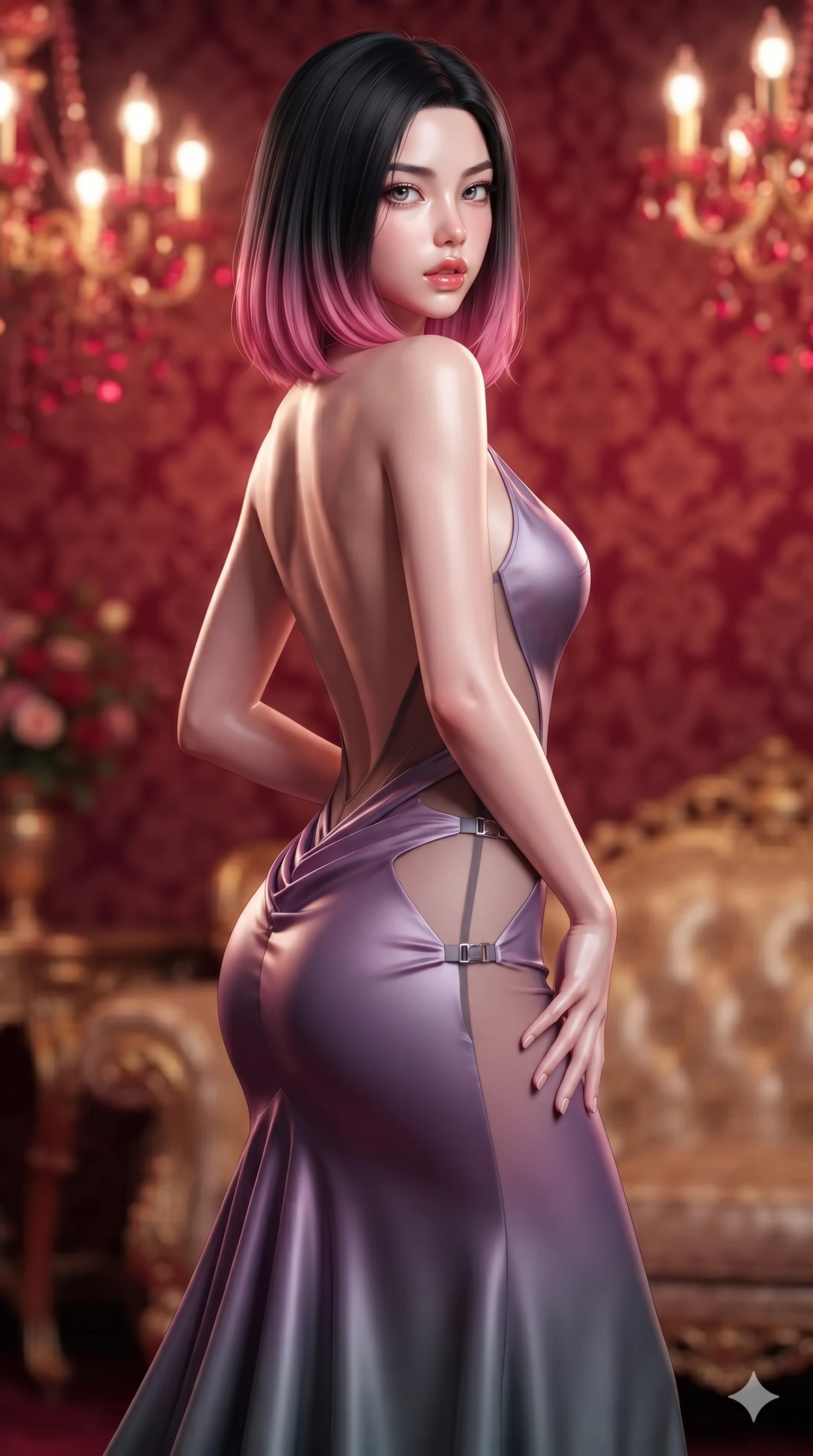 score_9, masterpiece, best quality, ultra-detailed, high-budget anime keyframe, semi-realistic 3D game render, editorial fashion photography, tasteful artistic composition, Korean woman. close-up cowboy shot from the waist and thighs up, the character dominates the composition, filling the frame with her large presence. resting one manicured hand delicately on her hip bone, her upper body turning in a fluid, seductive S-curve while parted lips glisten in the light while posing in an alluring rear three-quarter angle, looking over a bare shoulder with parted glossy lips as ruby chandelier light traces her spine. The composition keeps background elements in soft focus with creamy bokeh: intricate crimson silk damask wall coverings, glowing Murano ruby crystal chandeliers, and gilded baroque furniture blurred into crimson, gold, and ruby bokeh. She has an exceptionally elegant, slender, and willowy female figure with an ultra-slim waist, flat toned midriff, narrow ribcage, and sculpted feminine hips creating an alluring, slim hourglass silhouette without bulk. sharp v-shaped jawline, high-bridge nose, intricate jewel-like eyes with depth, thick eyelashes, glossy parted lips with a natural sheen, intensely captivating and seductive bedroom-eyes expression, flawlessly proportioned anatomical accuracy, strict slender model proportions, natural body alignment, perfectly sculpted long slender limbs, ultra-slim waistline, clean dynamic posture without body distortion. wearing an open-back duchess satin gala gown with dramatic hip-hugging drape and cascading trailing hem in Highland heather violet and slate granite, featuring strategic sheer-illusion tulle side panels framing her ribcage and hips, finished with sleek magnetic buckle closures fluttering in the breeze, the form-contouring silhouette accentuating her sculpted flat midriff, narrow delicate ribcage, and gracefully curvy hips with intoxicating allure. crisp directional rim lights sharply defining her sculpted collarbones, ultra-slim waist, and curvy hips. highly saturated vibrant anime colors, detailed shading with soft gradients, rich glossy textures, high-contrast stereoscopic depth, volumetric dynamic lighting, master piece, 9:16 ratio