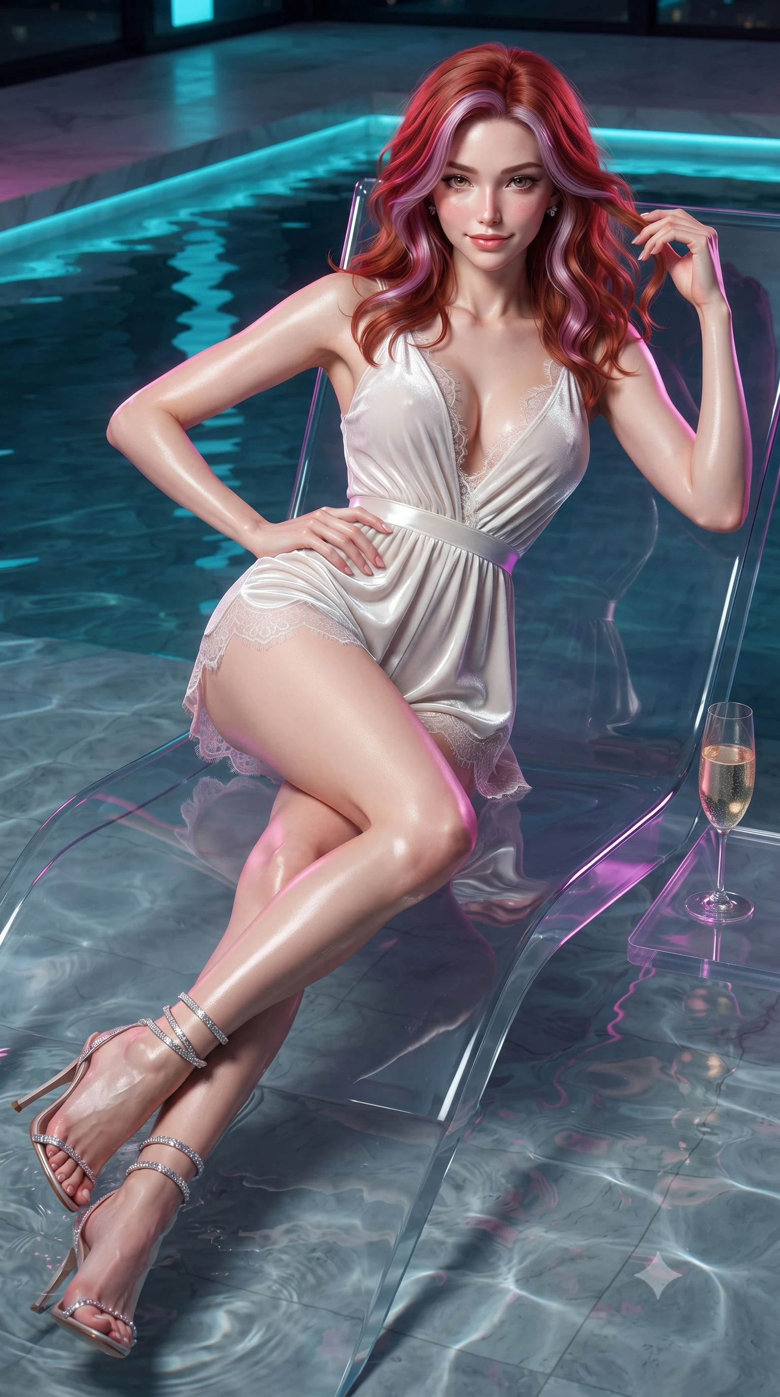 score_9, masterpiece, best quality, ultra-detailed, high-budget anime keyframe, editorial fashion photography, tasteful artistic composition, Caucasian woman. close-up cowboy shot from the waist and thighs up, the character dominates the composition, filling the frame with her large presence. twisting her slender torso in an alluring contrapposto stance, one hand resting on her sculpted hip while her fingers toy with her hair with effortless poise while lounging gracefully on the submerged acrylic chaise with legs extended, holding a glass of chilled champagne with effortless Tokyo cool. The surrounding environment is rendered in vivid detail and crisp panoramic clarity: detailed wet-look liquid vinyl bodysuit cling, diamond ear studs gleam, and waterfront penthouse engineering in high resolution. She has an exceptionally elegant, slender, and willowy female figure with an ultra-slim waist, flat toned midriff, narrow ribcage, and sculpted feminine hips creating an alluring, slim hourglass silhouette without bulk. sharp v-shaped jawline, high-bridge nose, sparkling eyes with hypnotic seductive depth, thick curled eyelashes, glossy parted lips with a natural dewy peach sheen, alluring bedroom-eyes with an enchanting coquettish smile, exuding magnetic siren charisma and sophisticated glamour, flawlessly proportioned anatomical accuracy, strict slender model proportions, natural body alignment, perfectly sculpted long slender limbs, ultra-slim waistline, clean dynamic posture without body distortion. wearing a plunge-neck stretch velvet romper with scalloped eyelash-lace hems and a cinched waist ribbon in pure pearl alabaster with platinum sheen, woven from buttery-soft stretch lambskin leather adhering to her body like a second skin, complemented by strappy stiletto sandals with crystal ankle wraps accentuating her slender calves, the form-contouring silhouette accentuating her sculpted flat midriff, narrow delicate ribcage, and gracefully curvy hips with intoxicating allure. illuminated by bay water surface reflections and sharp magenta-cyan rim lights defining her delicate clavicles, narrow waist, and curvy hips. ultra-reflective glossy finish, specular highlights, rich textural contrasts, high-contrast stereoscopic depth, volumetric dynamic lighting, 2k, ultra detail, master piece, 9:16 ratio