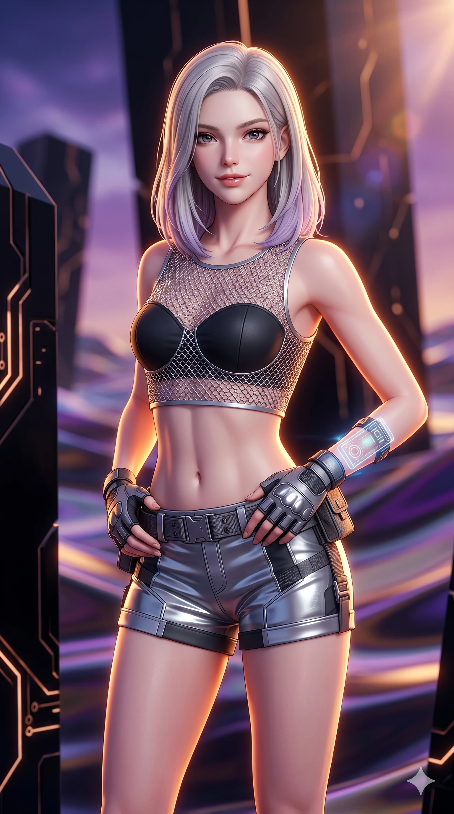 score_9, masterpiece, best quality, ultra-detailed, high-budget anime keyframe, semi-realistic 3D game render, editorial fashion photography, tasteful artistic composition, Caucasian woman. close-up cowboy shot from the waist and thighs up, the character dominates the composition, filling the frame with her large presence. resting both hands lightly on her tactical utility belt, arching her spine to highlight her narrow waist, flat midriff, and breathtaking collarbones while twisting her slender torso in an alluring contrapposto, dual amber-violet solar rays tracing her narrow waist and curvy hips in sharp contrast. The background shows a soft-focus colossal geometric black obsidian monoliths, glowing alien circuit veins, and endless ripples of iridescent glass dunes blurred into violet, amber, and obsidian bokeh. She has an exceptionally elegant, slender, and willowy female figure with an ultra-slim waist, flat toned midriff, narrow ribcage, and sculpted feminine hips creating an alluring, slim hourglass silhouette without bulk. sharp v-shaped jawline, high-bridge nose, intricate jewel-like sparkling eyes with depth, thick eyelashes, glossy parted lips with a natural sheen, bright confident smile with an enchanting and coquettish sensual glint, exuding both youthful magnetic charm and sovereign high-tech allure, flawlessly proportioned anatomical accuracy, strict slender model proportions, natural body alignment, perfectly sculpted long slender limbs, ultra-slim waistline, clean dynamic posture without body distortion. wearing a delicate silver chainmail mesh crop top layered over a sculpted matte black bandeau with low-rise combat shorts in reflective liquid mercury and matte phantom grey, tailored from brushed aeronautical titanium alloy with matte satin sheen, complemented by fingerless armored tactical gloves and a glowing holographic wrist terminal, the bespoke structured tailoring following the natural line of her 8.5-heads silhouette with refined elegance. illuminated by glowing monolith circuit veins and sharp golden-amber rim lights sculpting her razor-sharp jawline, narrow waist, and curvy hips. highly saturated vibrant anime colors, detailed shading with soft gradients, rich glossy textures, high-contrast stereoscopic depth, volumetric dynamic lighting, master piece, 9:16 ratio