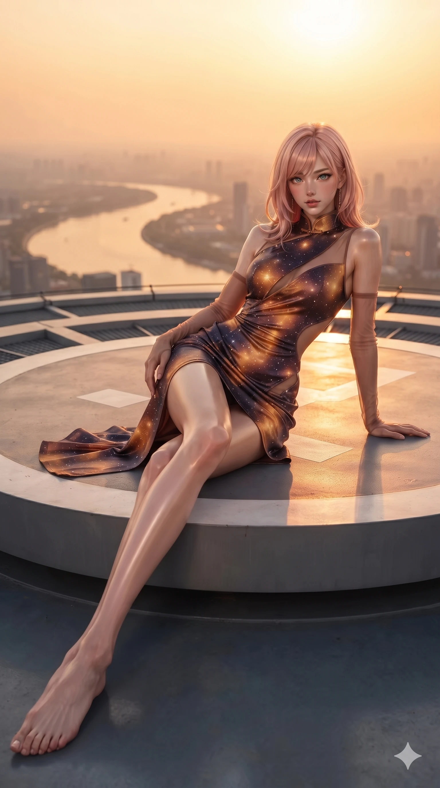 score_9, masterpiece, best quality, ultra-detailed, high-budget anime keyframe, editorial fashion photography, tasteful artistic composition, Japanese woman. low angle full-body shot from head to toe showing her feet, filling the entire 9:16 vertical frame with her statuesque presence, stretching her vertical silhouette. reclining on her side in an elegant Cleopatra pose with one knee drawn up, the dramatic contour of her rounded hips and long slender legs commanding the 9:16 vertical frame while standing poised on the circular rooftop helipad platform, arching her spine with sovereign glamour as the fiery amber sunset washes across the sweeping river curve. The background shows a soft-focus high-altitude sunset haze softened in rooftop helipad vista shallow focus. She has an exceptionally tall and slender model-like 8.5-heads proportion, an ultra-slim waist, a flat toned midriff, narrow delicate ribcage, and beautifully sculpted feminine hips creating a graceful, slim hourglass silhouette without any bulky heaviness, with impossibly long slender legs. sharp v-shaped jawline, high-bridge nose, intricate jewel-like sparkling eyes with depth, thick eyelashes, glossy parted lips with a natural sheen, intensely captivating and seductive bedroom-eyes expression, exuding both youthful cute charm and sovereign luxury allure, flawlessly proportioned anatomical accuracy, strict slender model proportions, natural body alignment, perfectly sculpted long slender limbs, ultra-slim waistline, clean dynamic posture without body distortion. wearing a wet-look silk fusion wrap dress with asymmetrical sheer mesh cutouts and high Mandarin collar in cosmic eclipse amber and starlight diamond, crafted from bespoke double-faced cashmere with an exceptionally soft tactile finish, complemented by sheer opera-length evening gloves tracing her slender arms, the form-contouring material adhering flawlessly to her sculpted flat midriff and slender torso, emphasizing her long leg lines and perfectly proportioned willowy build. bathed in the blinding, warm 2200K golden-hour rays of the setting sun casting brilliant specular highlights along her silhouette. ultra-reflective glossy finish, specular highlights, rich textural contrasts, high-contrast stereoscopic depth, volumetric dynamic lighting, 2k, ultra detail, master piece, 9:16 ratio
