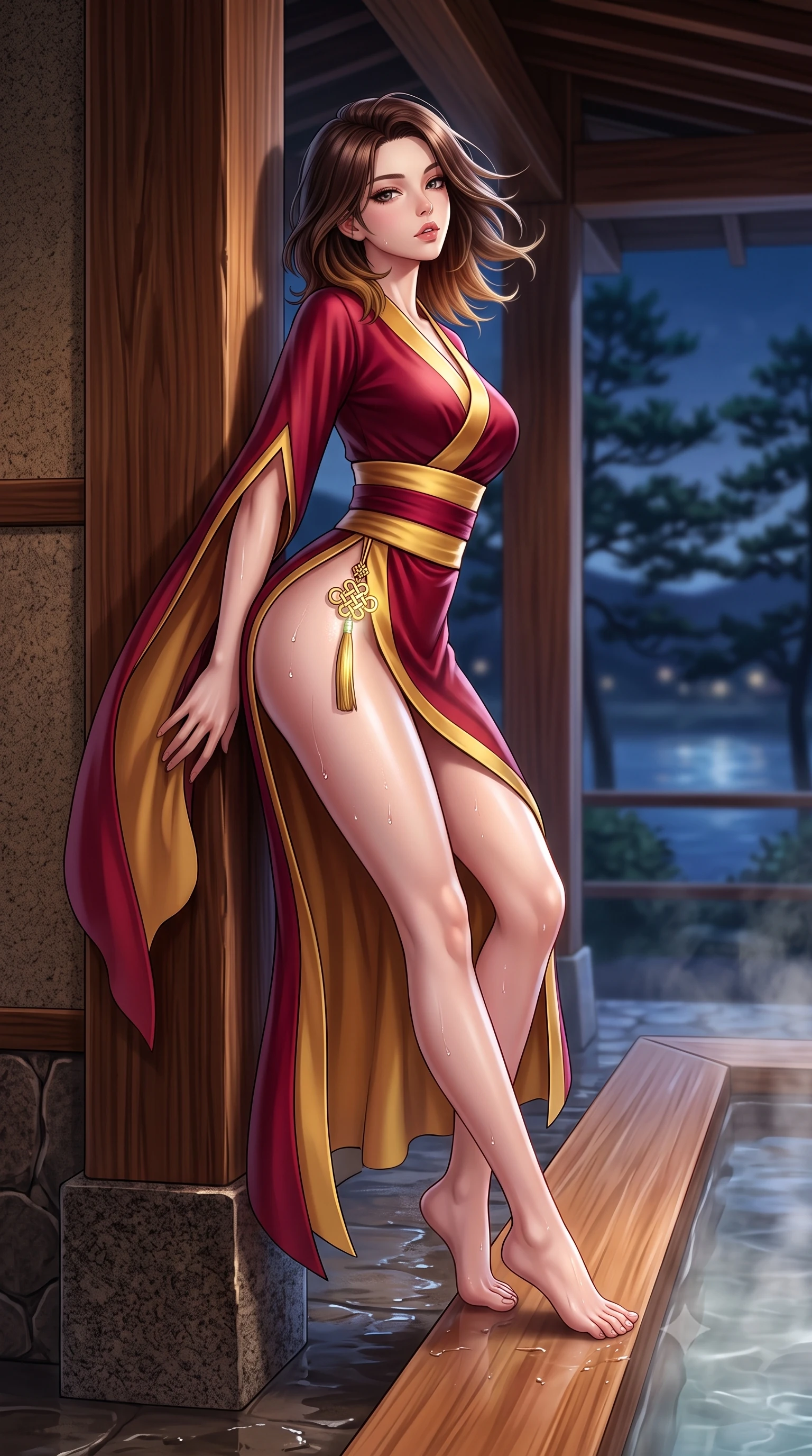score_9, masterpiece, best quality, ultra-detailed, high-budget anime keyframe, semi-realistic 3D game render, editorial fashion photography, tasteful artistic composition, Korean woman. low angle full-body shot from head to toe showing her feet, filling the entire 9:16 vertical frame with her statuesque presence, stretching her vertical silhouette. leaning deep against the structural architecture with hips cocked in an unapologetically bold, seductive high-fashion stance while perching on the smooth cedar wood rim of a steaming outdoor footbath, water droplets beading on her hip as she glances back with parted glossy lips. The composition keeps background elements in soft focus with creamy bokeh. distant Katsura river waters and dark pine silhouettes softened in dreamy nocturnal shallow focus. She has an absolutely perfect, statuesque 8.5-heads proportion, an exceptionally tall and slender model-like female figure with impossibly long slender legs, a toned flat midriff, an ultra-slim waist, and beautifully sculpted feminine hips. sharp v-shaped jawline, high-bridge nose, intricate jewel-like eyes with depth, thick eyelashes, glossy parted lips with a natural sheen, intensely captivating and seductive bedroom-eyes expression, flawlessly proportioned anatomical accuracy, strict slender model proportions, natural body alignment, perfectly sculpted long slender limbs, ultra-slim waistline, clean dynamic posture without body distortion. wearing a traditional-modern silk fusion wrap dress with asymmetric trailing sleeves and waist-cinching obi in imperial gold and deep crimson silk, tailored from crisp ceremonial cotton and multi-layered translucent chiffon, accented with a glowing metallic norigae knot charm resting against her hip, the glove-like aerodynamic silhouette tightly following the natural contour of her hips and long slender legs with statuesque precision. illuminated by wet specular highlights accentuating her slender neckline, sculpted waist, and rounded hips. highly saturated vibrant anime colors, detailed shading with soft gradients, rich glossy textures, high-contrast stereoscopic depth, volumetric dynamic lighting, master piece, 9:16 ratio