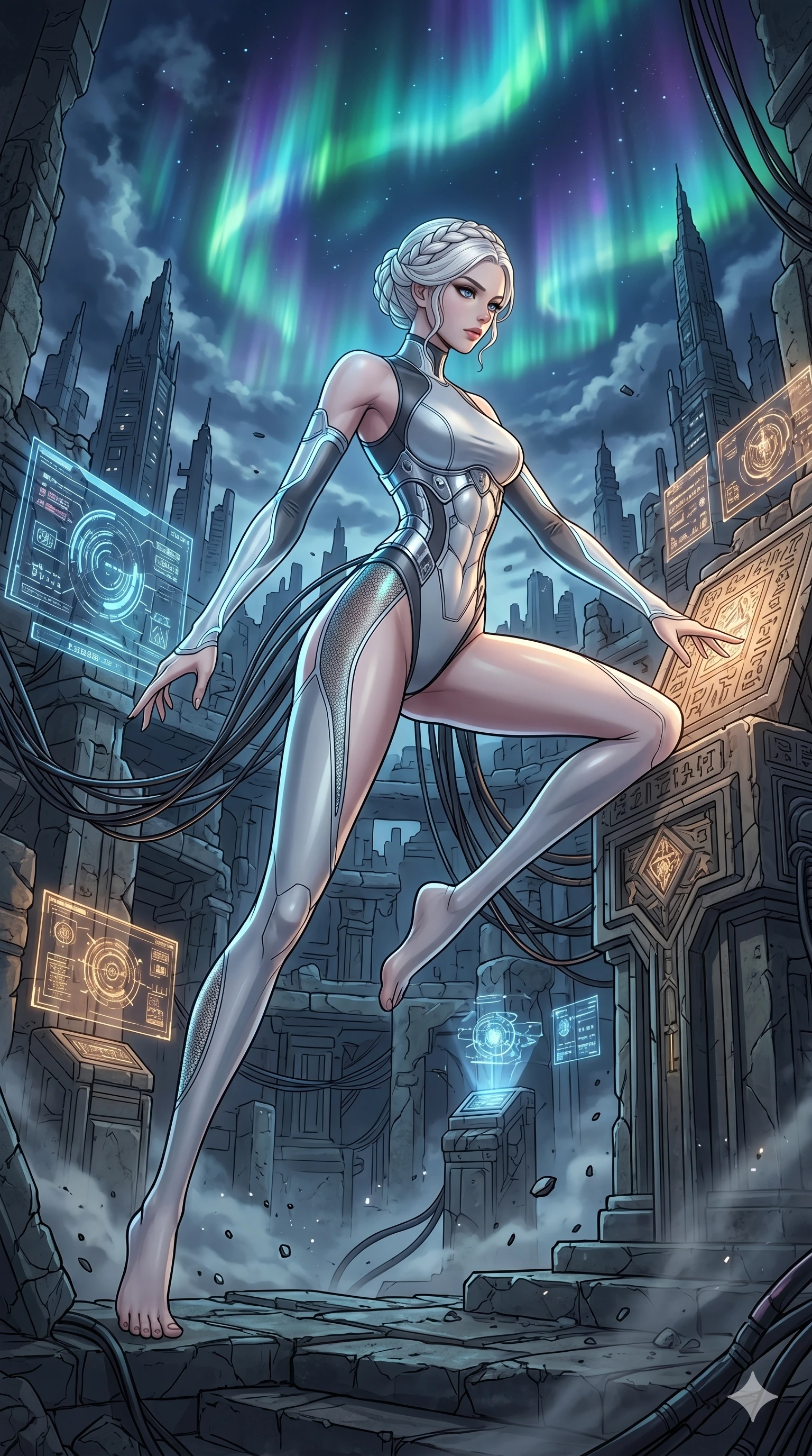 score_9, masterpiece, best quality, ultra-detailed, high-budget anime movie keyframe, cinematic anime lighting, intricate line art, Korean anime girl. Dynamic full-body shot stretching the vertical silhouette across the 9:16 frame. exploring lost ruins in a cyber-temple in Neo-Tokyo amidst aurora borealis. She has an absolutely perfect 8-heads proportion, an exceptionally tall and slender female figure with an ultra-slim waist and impossibly long slender legs. sharp v-shaped jawline, high-bridge nose, intricate jewel-like eyes, thick eyelashes, glossy lips. Wearing asymmetrical high-cut tech-bodysuit with detached glowing sleeves, chrome-plated mechanical corset, and bioluminescent mesh panels clinging to her slender figure. The scene is illuminated by dramatic atmospheric lighting and vibrant color palettes. 2k, ultra detail, master piece, 9:16 ratio