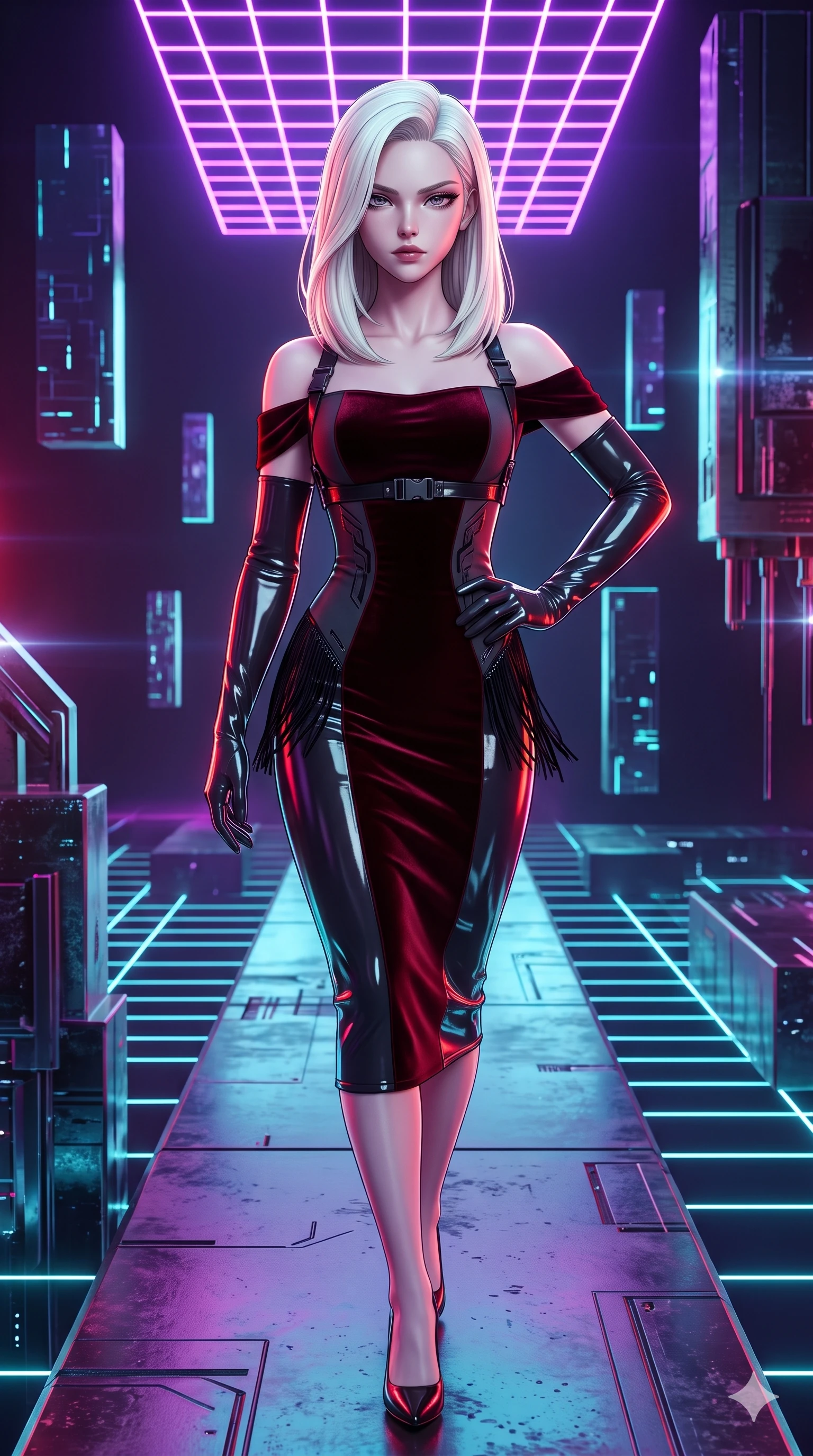 score_9, masterpiece, best quality, ultra-detailed, high-budget anime keyframe, semi-realistic 3D game render, editorial fashion photography, tasteful artistic composition, Caucasian woman. close-up cowboy shot from the waist and thighs up, the character dominates the composition, filling the frame with her large presence. holding a confident power pose with one hand on her hip, looking into the lens with smoldering intensity while striding confidently along the floating monolithic platform, her long slender legs and hourglass hips commanding the infinite cyber void. The surrounding environment is rendered in vivid detail and crisp panoramic clarity: detailed wet-look vinyl bodysuit cling, tactical harness buckle hardware, and cybernetic textures in razor-sharp precision. She has an exceptionally elegant, slender, and willowy female figure with an ultra-slim waist, flat toned midriff, narrow ribcage, and sculpted feminine hips creating an alluring, slim hourglass silhouette without bulk. sharp v-shaped jawline, high-bridge nose, intricate jewel-like dark sparkling eyes with hypnotic seductive depth, thick curled eyelashes, glossy parted lips with a natural wine sheen, alluring bedroom-eyes with an enigmatic smoldering smile, exuding magnetic sovereign charisma and dark avant-garde glamour, flawlessly proportioned anatomical accuracy, strict slender model proportions, natural body alignment, perfectly sculpted long slender limbs, ultra-slim waistline, clean dynamic posture without body distortion. wearing a form-contouring off-shoulder dark velvet bodycon midi dress with low-back scoop in deep crimson burgundy and matte charcoal, crafted from wet-look high-gloss vinyl fabric with dazzling specular surface reflections, finished with delicate jet-black micro-fringe fluttering softly along her hips with each step, the glove-like silhouette tightly following the natural contour of her hips and long slender legs with youthful 8.5-heads elegance. illuminated by floating neon grid upward bounce and sharp ultraviolet rim lights defining her razor-sharp jawline, narrow waist, and curvy hips. highly saturated vibrant anime colors, detailed shading with soft gradients, rich glossy textures, high-contrast stereoscopic depth, volumetric dynamic lighting, master piece, 9:16 ratio