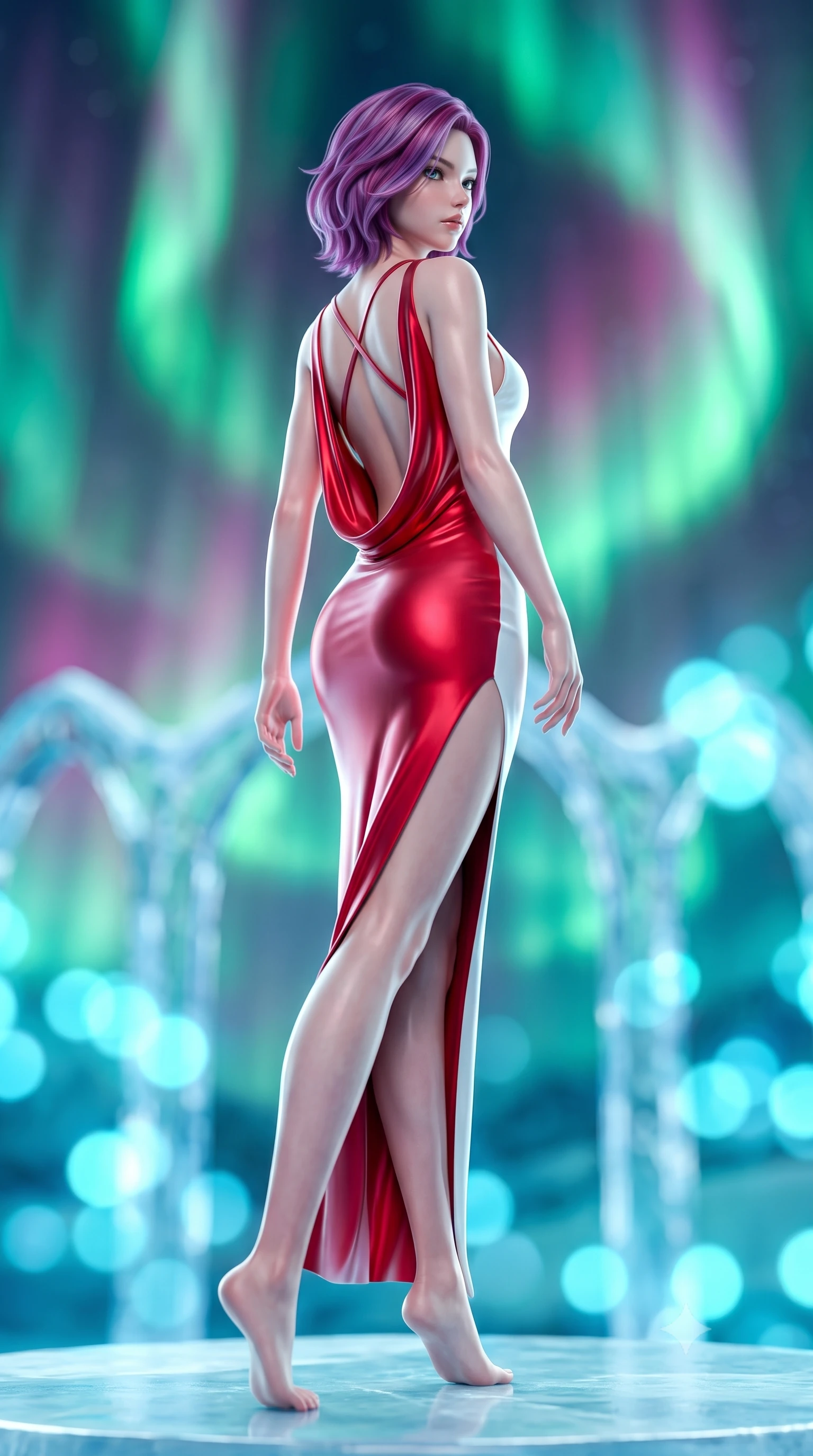 score_9, masterpiece, best quality, ultra-detailed, high-budget anime keyframe, semi-realistic 3D game render, editorial fashion photography, tasteful artistic composition, Caucasian woman. low angle full-body shot from head to toe showing her feet, filling the entire 9:16 vertical frame with her statuesque presence, stretching her vertical silhouette. arching her back in a fluid zero-gravity turn with sovereign grace, her long slender legs and sculpted torso creating a sweeping line while pivoting dynamically on a polished ice dais as emerald and magenta aurora light curtains trace her statuesque silhouette. The composition keeps background elements in soft focus with creamy bokeh. swirling emerald and violet aurora ribbons and crystal ice arches blurred into radiant, luminous cyan bokeh. She has an absolutely perfect, statuesque 8.5-heads proportion, an exceptionally tall and slender model-like female figure with impossibly long slender legs, a toned flat midriff, and an ultra-slim waist. sharp v-shaped jawline, high-bridge nose, intricate jewel-like eyes with depth, thick eyelashes, glossy lips with a natural sheen, flawlessly proportioned anatomical accuracy, strict slender model proportions, natural body alignment, perfectly sculpted long slender limbs, ultra-slim waistline, clean dynamic posture without body distortion. wearing a precision-fitted liquid jersey bodycon dress with a dramatic draped cowl back that swoops down to her waist and a high side slit in radiant crimson silk and crisp snow white, made of liquid metal jersey that clings flawlessly to every contour of her build, complemented by criss-cross back straps highlighting her completely bare spine, the sleek second-skin cut tightly hugging her graceful clavicle, narrow waist, and feminine curves with athletic precision. surrounded by a majestic, pristine, and intensely seductive glacial royalty aura. highly saturated vibrant anime colors, detailed shading with soft gradients, rich glossy textures, high-contrast stereoscopic depth, volumetric dynamic lighting, master piece, 9:16 ratio