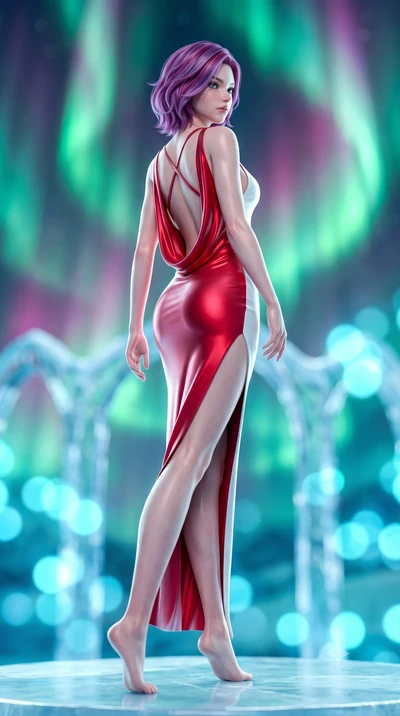score_9, masterpiece, best quality, ultra-detailed, high-budget anime keyframe, semi-realistic 3D game render, editorial fashion photography, tasteful artistic composition, Caucasian woman. low angle full-body shot from head to toe showing her feet, 