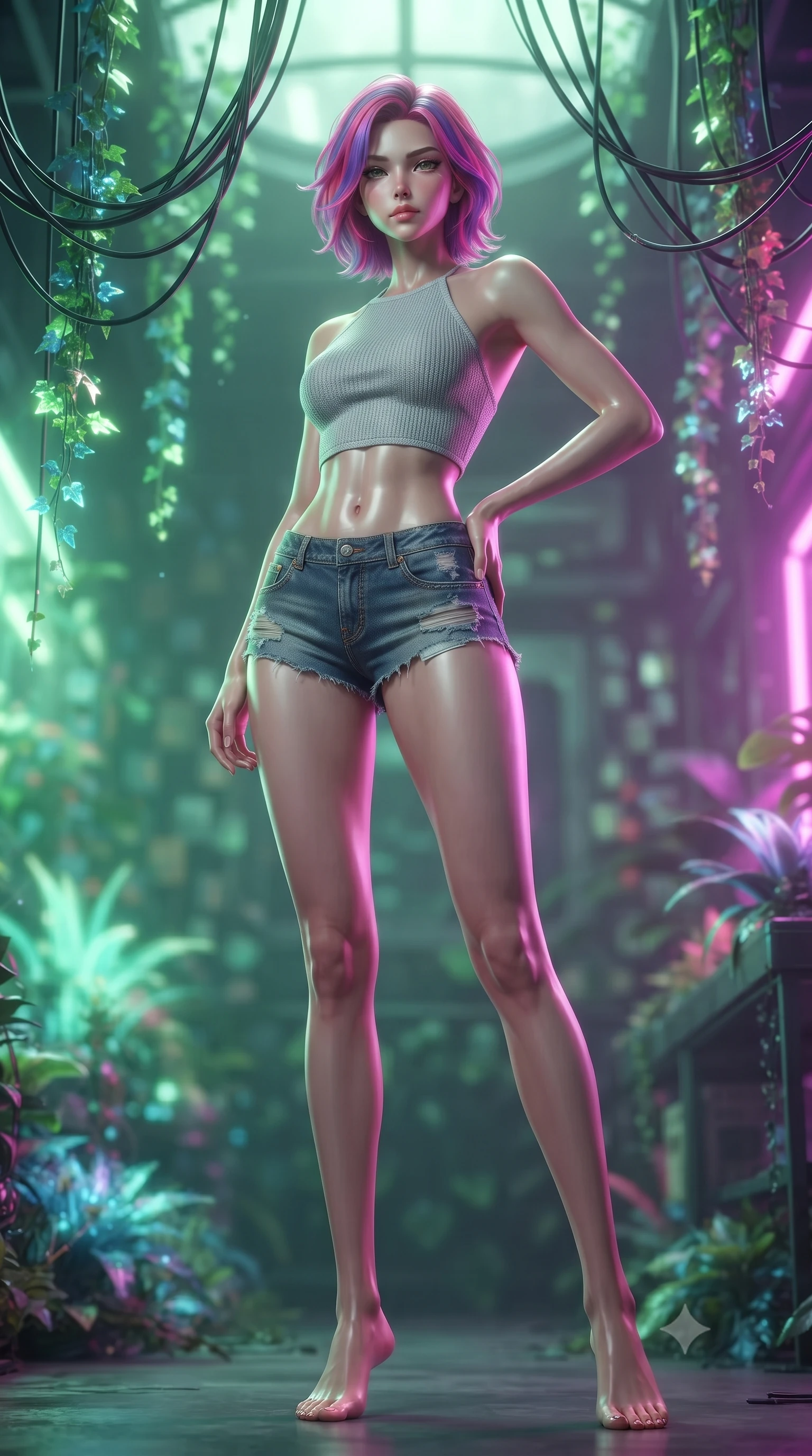 score_9, masterpiece, best quality, ultra-detailed, high-budget anime keyframe, editorial fashion photography, tasteful artistic composition, Caucasian woman. low angle full-body shot from head to toe showing her feet, filling the entire 9:16 vertical frame with her statuesque presence, stretching her vertical silhouette. posing confidently with one hand on her hip, stretching her statuesque body to emphasize her curves the background shows a soft-focus a cybernetic greenhouse loft with hanging cables intertwined with glowing digital ivy. She has an absolutely perfect, statuesque 8.5-heads proportion, an exceptionally tall and slender model-like female figure with impossibly long slender legs and an ultra-slim waist. sharp v-shaped jawline, high-bridge nose, intricate jewel-like eyes with depth, thick eyelashes, glossy lips with a natural sheen. wearing a body-hugging chic knit halter crop top paired with denim micro-shorts, showing her delicately sculpted midriff. soft bioluminescent green light blending with neon magenta key light. ultra-reflective glossy finish, specular highlights, metallic sheen, high-contrast stereoscopic depth, volumetric dynamic lighting, 2k, ultra detail, master piece, 9:16 ratio