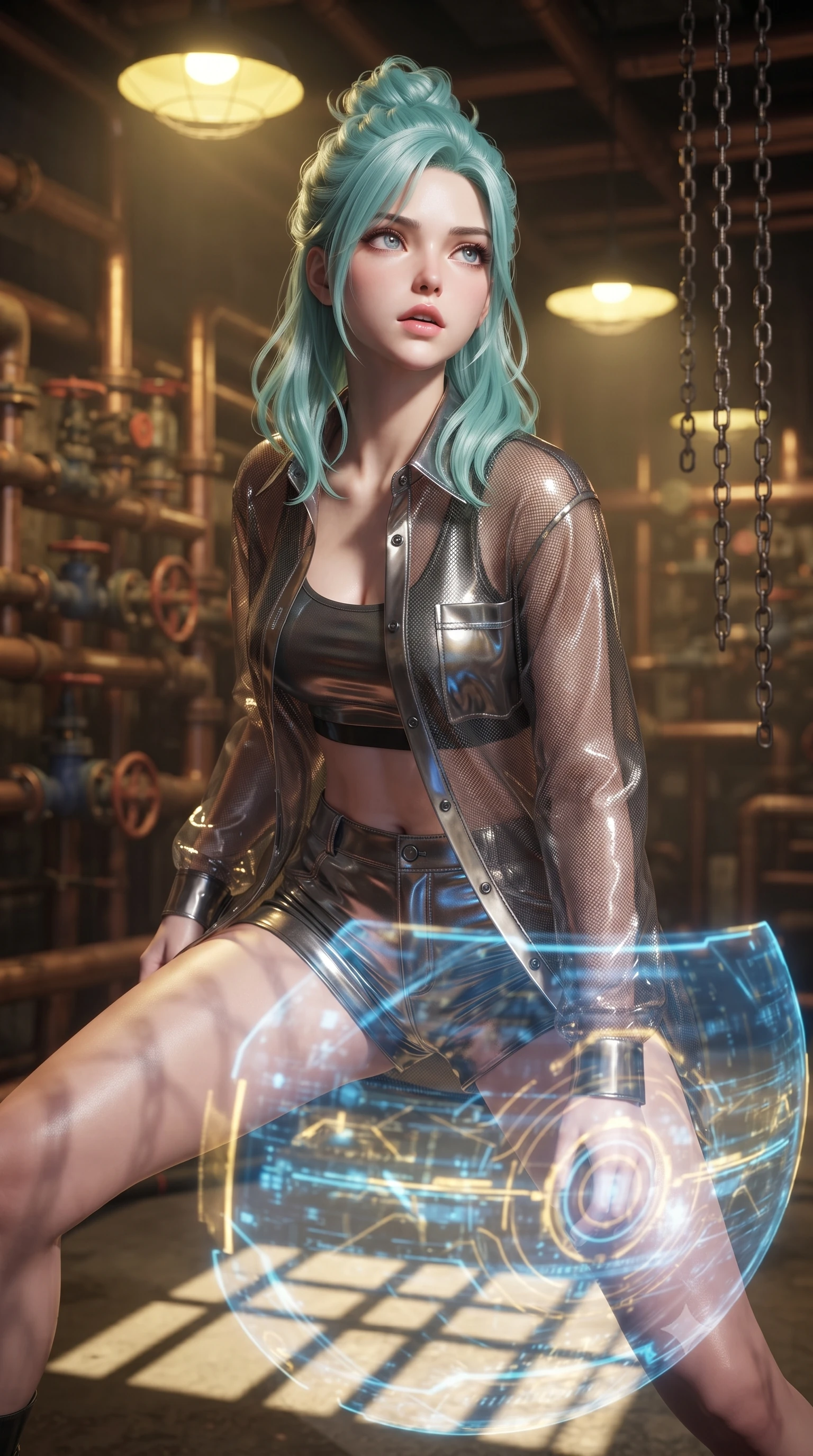 score_9, masterpiece, best quality, ultra-detailed, high-budget anime keyframe, editorial fashion photography, tasteful artistic composition, Japanese woman. close-up cowboy shot from the waist and thighs up, the character dominates the composition, filling the frame with her large presence, background elements kept in soft focus. crouching slightly behind a glowing holographic shield emitter, looking up with defiance and lips slightly parted, the background shows a soft-focus a copper pipe warehouse with racks of industrial valves and iron chains. She has an exceptionally elegant, slender, and willowy female figure with an ultra-slim waist, a gracefully sculpted slender torso, and a refined silhouette. sharp v-shaped jawline, high-bridge nose, intricate jewel-like eyes with depth, thick eyelashes, glossy lips with a natural sheen. wearing a slim-fit lightweight carbon-mesh cover-up shirt worn open over a crop top and high-cut combat shorts. harsh yellow overhead lamps casting long structured frame shadows on the floor. ultra-reflective glossy finish, specular highlights, metallic sheen, high-contrast stereoscopic depth, volumetric dynamic lighting, 2k, ultra detail, master piece, 9:16 ratio