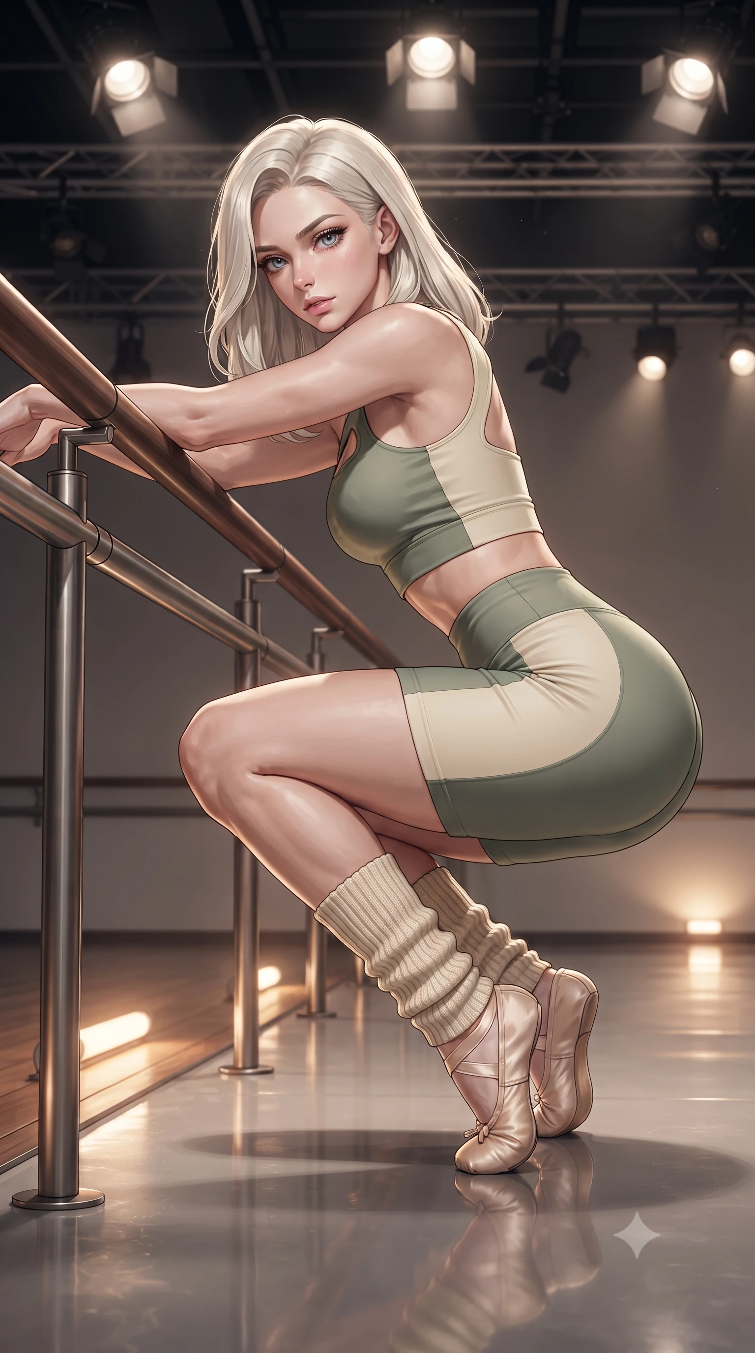 score_9, masterpiece, best quality, ultra-detailed, high-budget anime keyframe, editorial fashion photography, tasteful artistic composition, Caucasian woman. close-up cowboy shot from the waist and thighs up, the character dominates the composition, filling the frame with her large presence. leaning forward against the polished railing with her hips cocked back, creating an intoxicating curve from her narrow waist to sculpted hips as she gazes back into the lens while crouching in a low, balanced dancer plié on the reflective floor, her athletic feminine curves and toned hips creating a breathtaking line. The surrounding environment is rendered in vivid detail and crisp panoramic clarity. detailed muscle definition, fabric stretch tension lines, and studio spotlight fixtures in high clarity. She has an exceptionally elegant, slender, and willowy female figure with an ultra-slim waist, a gracefully sculpted slender torso, toned flat midriff, and rounded feminine hips creating an alluring hourglass silhouette. sharp v-shaped jawline, high-bridge nose, intricate jewel-like eyes with depth, thick eyelashes, glossy parted lips with a natural sheen, intensely captivating and seductive bedroom-eyes expression, flawlessly proportioned anatomical accuracy, strict slender model proportions, natural body alignment, perfectly sculpted long slender limbs, ultra-slim waistline, clean dynamic posture without body distortion. wearing a sporty asymmetrical crop tank paired with seamless contouring biker shorts in sage green and warm cream, crafted from compression spandex sculpting her athletic hourglass lines, accessorized with knitted leg warmers and delicate satin ballet slippers, the glove-like aerodynamic silhouette tightly following the natural contour of her hips and long slender legs with statuesque precision. bathed in warm floor-level uplighting and dramatic overhead theatrical spotlights. ultra-reflective glossy finish, specular highlights, rich textural contrasts, high-contrast stereoscopic depth, volumetric dynamic lighting, 2k, ultra detail, master piece, 9:16 ratio