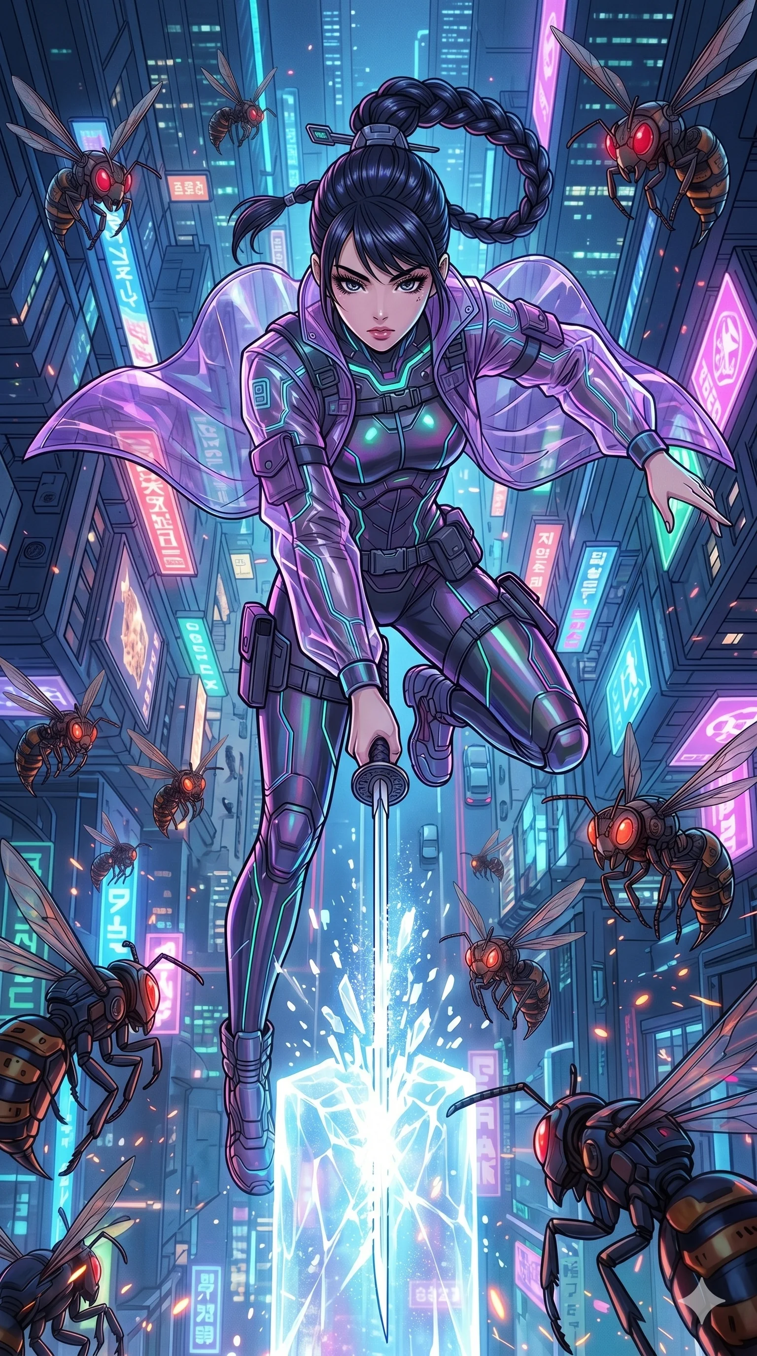 score_9, masterpiece, best quality, ultra-detailed, high-budget anime movie keyframe, cinematic anime lighting, intricate line art, Japanese woman. Extreme high angle shot as she leaps towards the camera, filling the frame. drawing a sword from a block of pure, solid light. She has an absolutely perfect 8-heads proportion, an exceptionally tall and slender female figure with an ultra-slim waist and impossibly long slender legs. strictly human anatomy, two legs only, no extra limbs, clearly defined legs and arms, perfect anatomy, perfect hands and fingers. sharp v-shaped jawline, high-bridge nose, intricate jewel-like eyes, thick eyelashes, glossy lips. Wearing Tech-Fantasy: Cybernetic tech-suit with glowing seams, translucent PVC over leotard, and modular tactical gear. The scene is illuminated by dramatic atmospheric lighting and vibrant color palettes. , 2k, ultra detail, master piece, 9:16 ratio