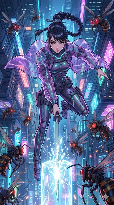 score_9, masterpiece, best quality, ultra-detailed, high-budget anime movie keyframe, cinematic anime lighting, intricate line art, Japanese woman. Extreme high angle shot as she leaps towards the camera, filling the frame. drawing a sword from a blo