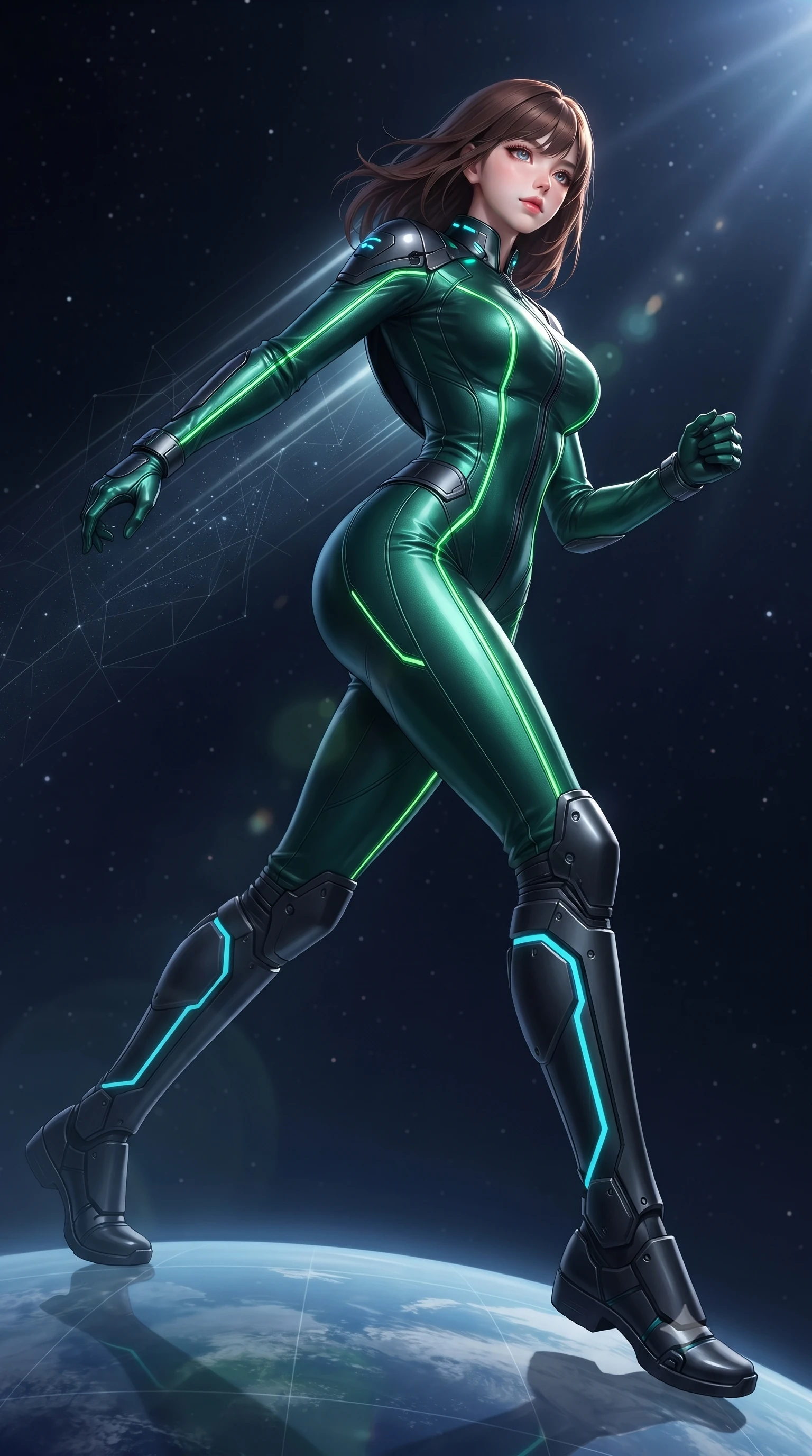 score_9, masterpiece, best quality, ultra-detailed, high-budget anime keyframe, editorial fashion photography, tasteful artistic composition, Korean woman. low angle full-body shot from head to toe showing her feet, filling the entire 9:16 vertical frame with her statuesque presence, stretching her vertical silhouette. striding forward with sovereign warrior elegance in a low, predatory combat advance, hips swaying with fierce athletic poise from head to toe while launching off the transparent glass dome wall with supersonic speed, leaving a faint geometric data trail behind her silhouette. The composition keeps background elements in soft focus with creamy bokeh. distant starlight and solar flare rays scattering soft glowing light motes across a deep space backdrop. She has an absolutely perfect, statuesque 8.5-heads proportion, an exceptionally tall and slender model-like female figure with impossibly long slender legs, a toned flat midriff, and an ultra-slim waist. sharp v-shaped jawline, high-bridge nose, intricate jewel-like eyes with depth, thick eyelashes, glossy lips with a natural sheen, flawlessly proportioned anatomical accuracy, strict slender model proportions, natural body alignment, perfectly sculpted long slender limbs, ultra-slim waistline, clean dynamic posture without body distortion. wearing a tailored emerald-green carbon-fiber tactical jumpsuit with glowing lime LED channels, open cowl back, and reinforced combat shin-guards in matte obsidian carbon black with electric cyan conduits, tailored from flexible second-skin carbon-mesh that clings flawlessly to her athletic curves, featuring a sleek aerodynamic collar framed by subtle glowing cybernetic status LEDs, the glove-like aerodynamic second-skin fit tightly clinging to her ultra-slender waist and athletic curves without adding bulk, accentuating her razor-sharp statuesque lines and slim hourglass silhouette. bathed in dazzling natural orbital sunlight and rich blue planetary ambient bounce light. ultra-reflective glossy finish, specular highlights, dark metallic sheen, high-contrast stereoscopic depth, volumetric dynamic lighting, 2k, ultra detail, master piece, 9:16 ratio