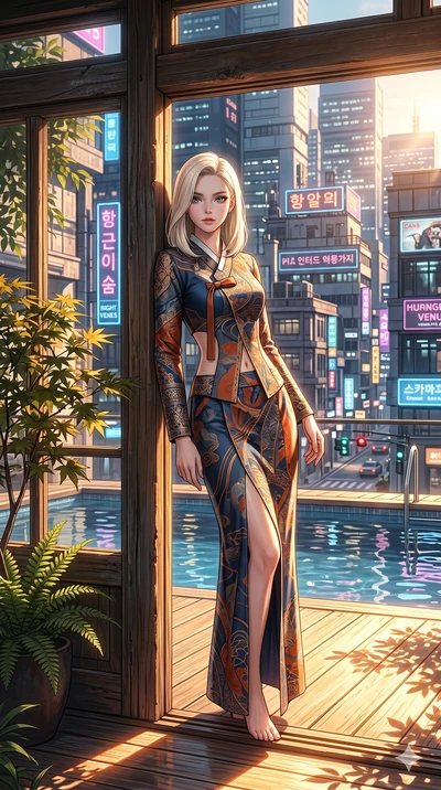 score_9, masterpiece, best quality, ultra-detailed, high-budget anime keyframe, editorial fashion photography, tasteful artistic composition, Caucasian woman, strictly human ears. cowboy shot from the thighs up, character and outfit filling the frame