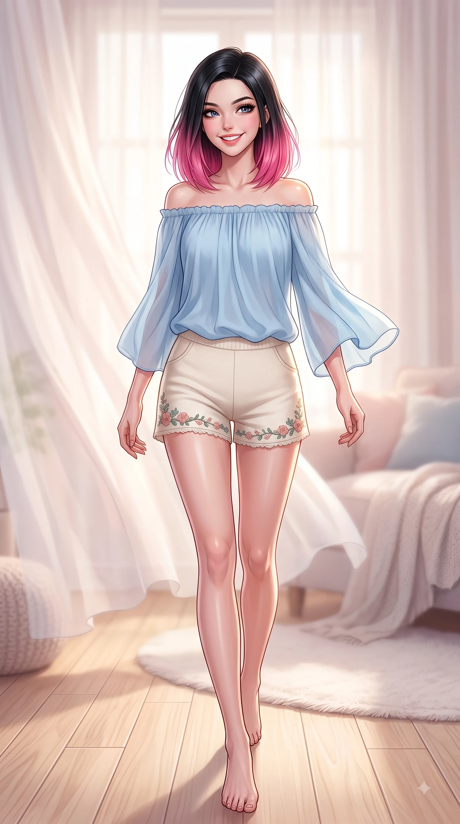 score_9, masterpiece, best quality, ultra-detailed, high-budget anime keyframe, editorial fashion photography, tasteful artistic composition, Korean woman. close-up cowboy shot from the waist and thighs up, the character dominates the composition, filling the frame with her large presence. Radiant youthful grin reflecting girlhood charm while casting a playful, joyful side-gaze with heavy lashes while stepping gracefully across a light oak floor as soft white curtains flutter in a gentle morning breeze. The composition keeps background elements in soft focus with dreamy bokeh. cozy pastel living room decor and soft textile textures blurred smoothly behind her. She has an exceptionally elegant, slender, and willowy female figure with an ultra-slim waist, a gracefully sculpted slender torso, and a refined silhouette. sharp v-shaped jawline, high-bridge nose, intricate jewel-like eyes with depth, thick eyelashes, glossy lips with a natural sheen, flawlessly proportioned anatomical accuracy, natural body alignment, perfectly sculpted elegant limbs, clean dynamic posture without body distortion. wearing a light blue off-shoulder chiffon blouse paired with tailored ivory shorts in bright butter yellow and fresh cream white, knitted from soft cozy cashmere yarn, complemented by delicate embroidered floral trim along the hem, the breezy lightweight fabric fluttering softly against her delicate frame. bathed in soft, warm morning sunlight streaming through sheer curtains. highly saturated vibrant anime colors, detailed shading with soft gradients, rich glossy textures, high-contrast stereoscopic depth, volumetric dynamic lighting, master piece, 9:16 ratio