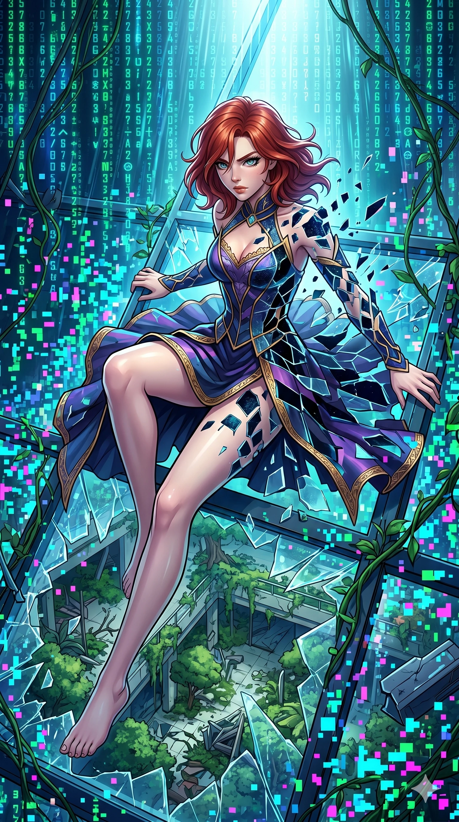 score_9, masterpiece, best quality, ultra-detailed, Set A: High-budget Anime Keyframe, Caucasian (human ears) woman. Upper body close-up from the thighs up, character filling the screen for maximum presence. Theme: Historical Remix. sliding down a glass skyscraper in a ruined overgrown shopping mall, as a digital rain of 237 symbols washes over her. The atmosphere is filled with a blizzard of digital pixels. She has an absolutely perfect 8-heads proportion, an exceptionally tall and slender female figure with impossibly long slender legs and an ultra-slim waist. Sharp v-shaped jawline, high-bridge nose, intricate jewel-like eyes with depth, glossy lips. Wearing Shattered-dimension dress where parts of the fabric seem to phase in and out. Cinematic lighting, vivid colors, dramatic shadows, 2k, ultra detail, master piece, 9:16 ratio