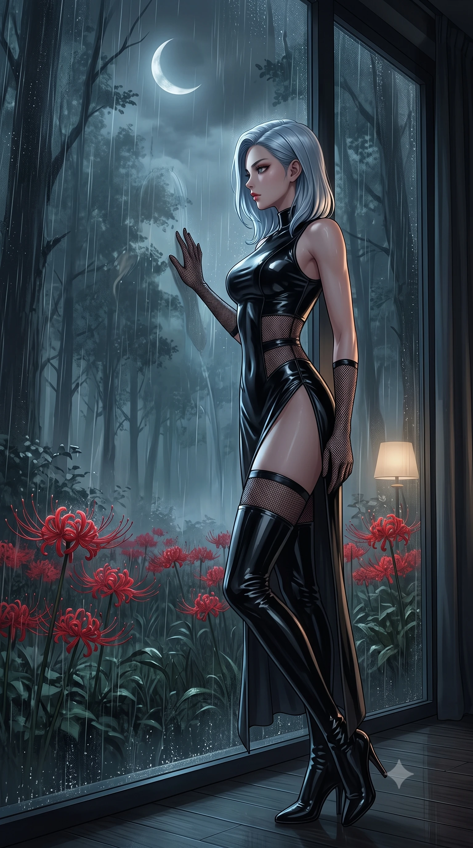 score_9, masterpiece, best quality, ultra-detailed, High-budget Anime Keyframe, East Asian woman. Dynamic full-body shot stretching the vertical silhouette to the limit. Scenario 310: looking out at the rain through a wet glass window near a misty dark forest under a crescent moon with red spider lilies blooming. Her presence is magnetic and overpowering in this high-budget anime scene. Outfit 310: a slim-fit patent leather mesh with a thigh-high slit and tight-fitting silhouette. The clothing is designed to emphasize her exceptionally tall and slender 8-heads proportion. 8-heads proportion, towering silhouette, ultra-slim waist. sharp v-shaped jawline, intricate jewel-like eyes with depth, thick eyelashes, glossy lips. 2k, ultra detail, master piece, 9:16 ratio