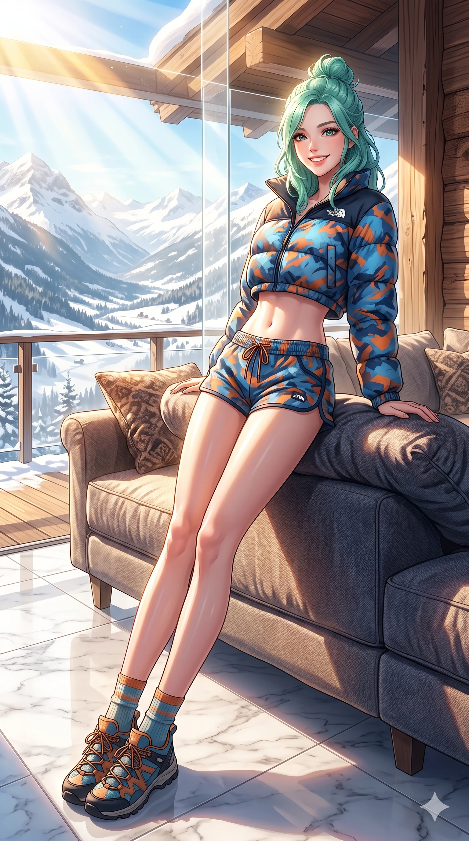 score_9, masterpiece, best quality, ultra-detailed, high-budget anime keyframe, vibrant anime aesthetic, Japanese woman. low angle full-body shot from head to toe showing her feet, filling the entire 9:16 vertical frame with her statuesque presence, stretching her vertical silhouette. She is leaning back against a sofa with a bright, radiant smile on her face in the cabin on a sunlit marble terrace overlooking a snowy valley (Code-P21-041). She has an absolutely perfect 8-heads proportion, an exceptionally tall and slender female figure with impossibly long slender legs and an ultra-slim waist. V-shaped jawline, high-bridge nose, intricate jewel-like eyes with depth, thick eyelashes, glossy lips with a natural sheen. wearing a cropped down jacket showing her exposed midriff and micro-shorts. She is bathed in brilliant, warm autumn sunbeams creating sharp highlights on her form. 2k, ultra detail, master piece, 9:16 ratio