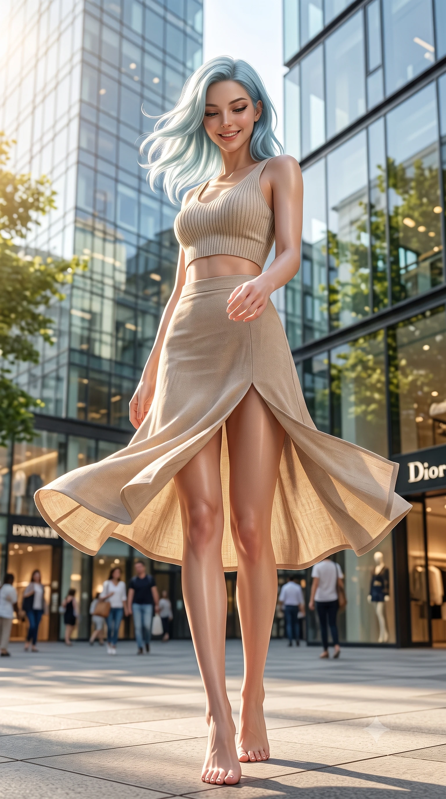 score_9, masterpiece, best quality, ultra-detailed, high-budget anime keyframe, editorial fashion photography, tasteful artistic composition, Korean woman. low angle full-body shot from head to toe showing her feet, filling the entire 9:16 vertical frame with her statuesque presence, stretching her vertical silhouette. twirling around with a playful, cute laugh, her skirt billowing beautifully in the air set against a soft-focus background of in a bustling fashion district plaza with glass buildings and designer stores with modern glass shop fronts reflecting the blue sky and trees. She has an absolutely perfect, statuesque 8.5-heads proportion, an exceptionally tall and slender model-like female figure with impossibly long slender legs and an ultra-slim waist. sharp v-shaped jawline, high-bridge nose, intricate jewel-like eyes with depth, thick eyelashes, glossy lips with a natural sheen. wearing tailored crop top in oatmeal knit paired with a flowy midi skirt featuring a high side slit. soft morning sun rays painting the street in a fresh, energetic gold tone. ultra-reflective glossy finish, specular highlights, metallic sheen, high-contrast stereoscopic depth, volumetric dynamic lighting, 2k, ultra detail, master piece, 9:16 ratio