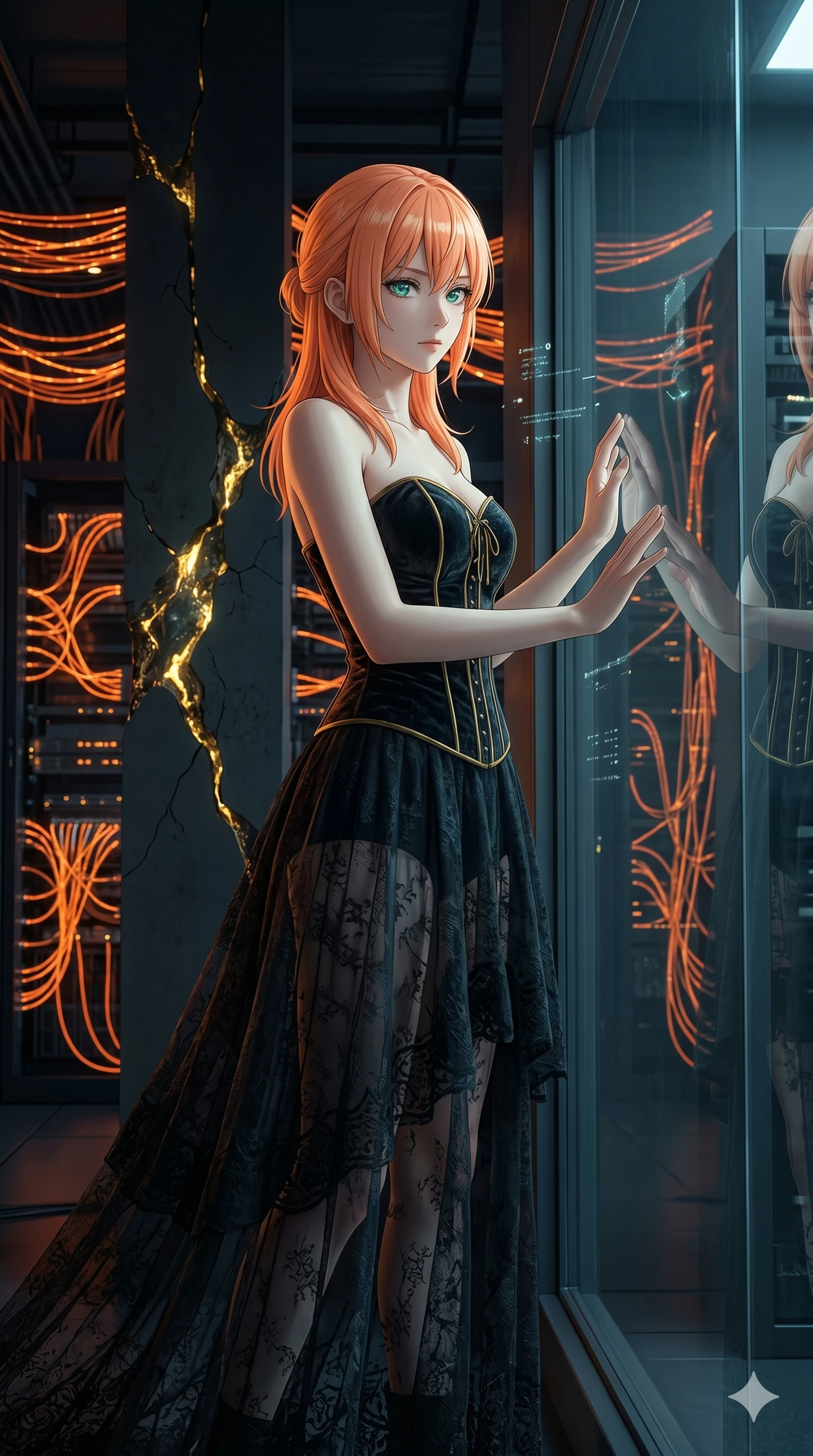 score_9, masterpiece, best quality, ultra-detailed, high-budget anime keyframe, editorial fashion photography, tasteful artistic composition, Japanese woman. cowboy shot from the thighs up, character and outfit filling the frame for maximum editorial presence. resting her hands on the glass, looking with quiet self-assurance in a cyberpunk data hub filled with rows of pulsing orange fiber cables (Code-P18-158). She has an absolutely perfect 8-heads proportion, an exceptionally tall and slender female figure with impossibly long slender legs and an ultra-slim waist. V-shaped jawline, high-bridge nose, intricate jewel-like eyes with depth, thick eyelashes, glossy lips with a natural sheen. wearing a dark velvet corset combined with a sheer lace skirt. golden light emanating from the mineral veins, creating a dramatic chiaroscuro effect. 2k, ultra detail, master piece, 9:16 ratio