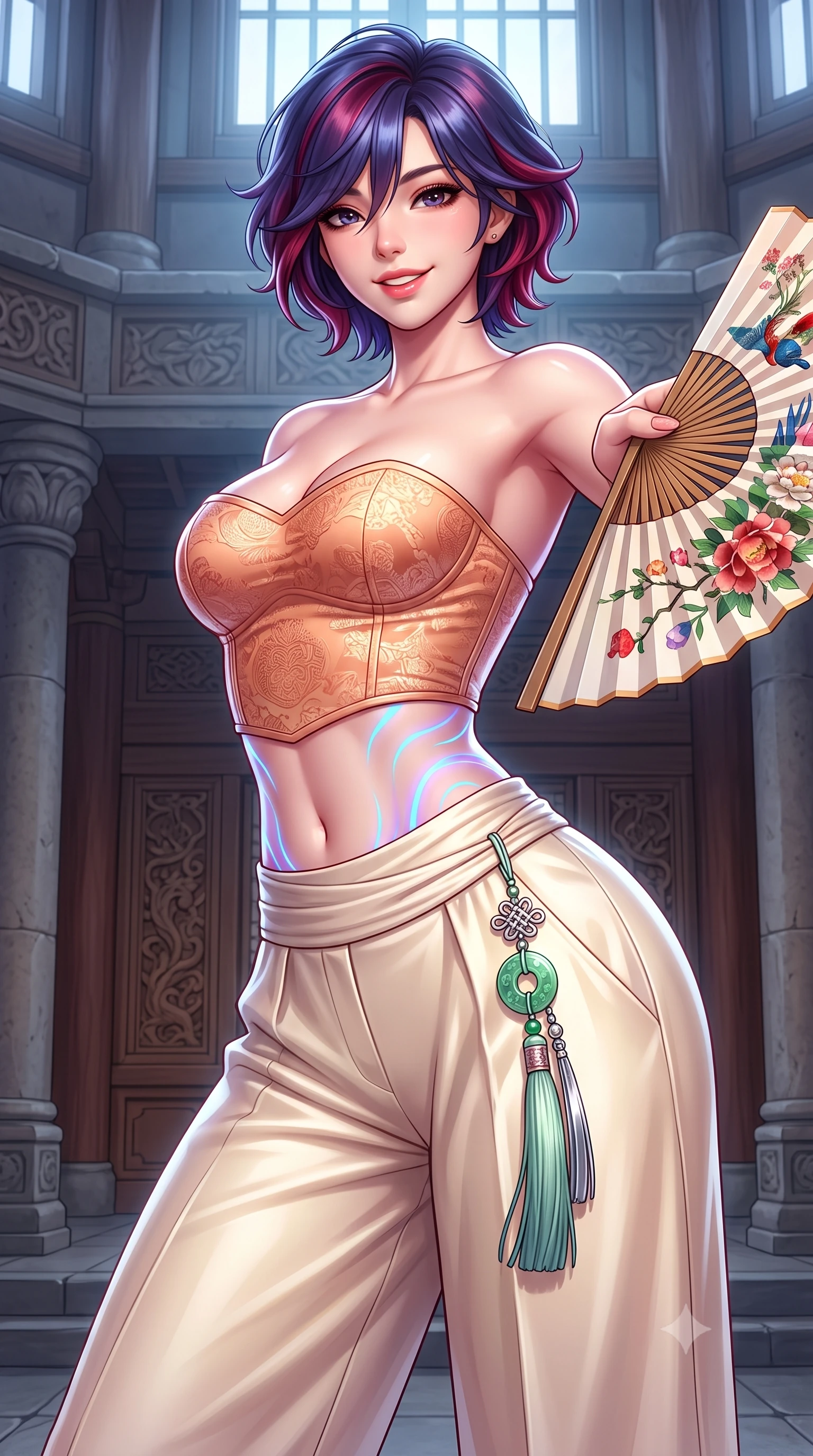 score_9, masterpiece, best quality, ultra-detailed, high-budget anime keyframe, semi-realistic 3D game render, editorial fashion photography, tasteful artistic composition, Korean woman. close-up cowboy shot from the waist and thighs up, the character dominates the composition, filling the frame with her large presence. playfully unfurling a painted silk fan toward the lens, her radiant smile capturing fresh girlhood charm while her arched torso reveals an intoxicating hip contour while twisting her slender torso in an alluring contrapposto stance, bioluminescent cyan and violet ripples tracing her narrow waist and curvy hips. The surrounding environment is rendered in vivid detail and crisp panoramic clarity: detailed flowing silk gown drape, bioluminescent reflections on skin, and sacred sanctuary architecture in razor-sharp precision. She has an exceptionally elegant, slender, and willowy female figure with an ultra-slim waist, flat toned midriff, narrow ribcage, and sculpted feminine hips creating an alluring, slim hourglass silhouette without bulk. sharp v-shaped jawline, high-bridge nose, intricate jewel-like dark sparkling almond eyes with depth, thick lashes, glossy parted lips with a natural rose-plum sheen, bright alluring and coquettish smile with bedroom-eyes, exuding both timeless oriental elegance and sovereign high-fashion allure, flawlessly proportioned anatomical accuracy, strict slender model proportions, natural body alignment, perfectly sculpted long slender limbs, ultra-slim waistline, clean dynamic posture without body distortion. wearing a strapless structured silk brocade bustier top paired with flowing wide-leg satin palazzo trousers cinched at the waist in warm peach apricot and soft vanilla silk, tailored from fine crisp cotton-linen with clean structural lines, finished with an ornate modern norigae tassel with polished jade and chrome charms resting on her curvy hips, the form-contouring cut accentuating her sculpted flat midriff, narrow delicate ribcage, and gracefully curvy hips with regal oriental supermodel elegance. illuminated by soft moonlight and sharp platinum rim lights defining her sculpted collarbones, ultra-slim waist, and curvy hips. highly saturated vibrant anime colors, detailed shading with soft gradients, rich glossy textures, high-contrast stereoscopic depth, volumetric dynamic lighting, master piece, 9:16 ratio