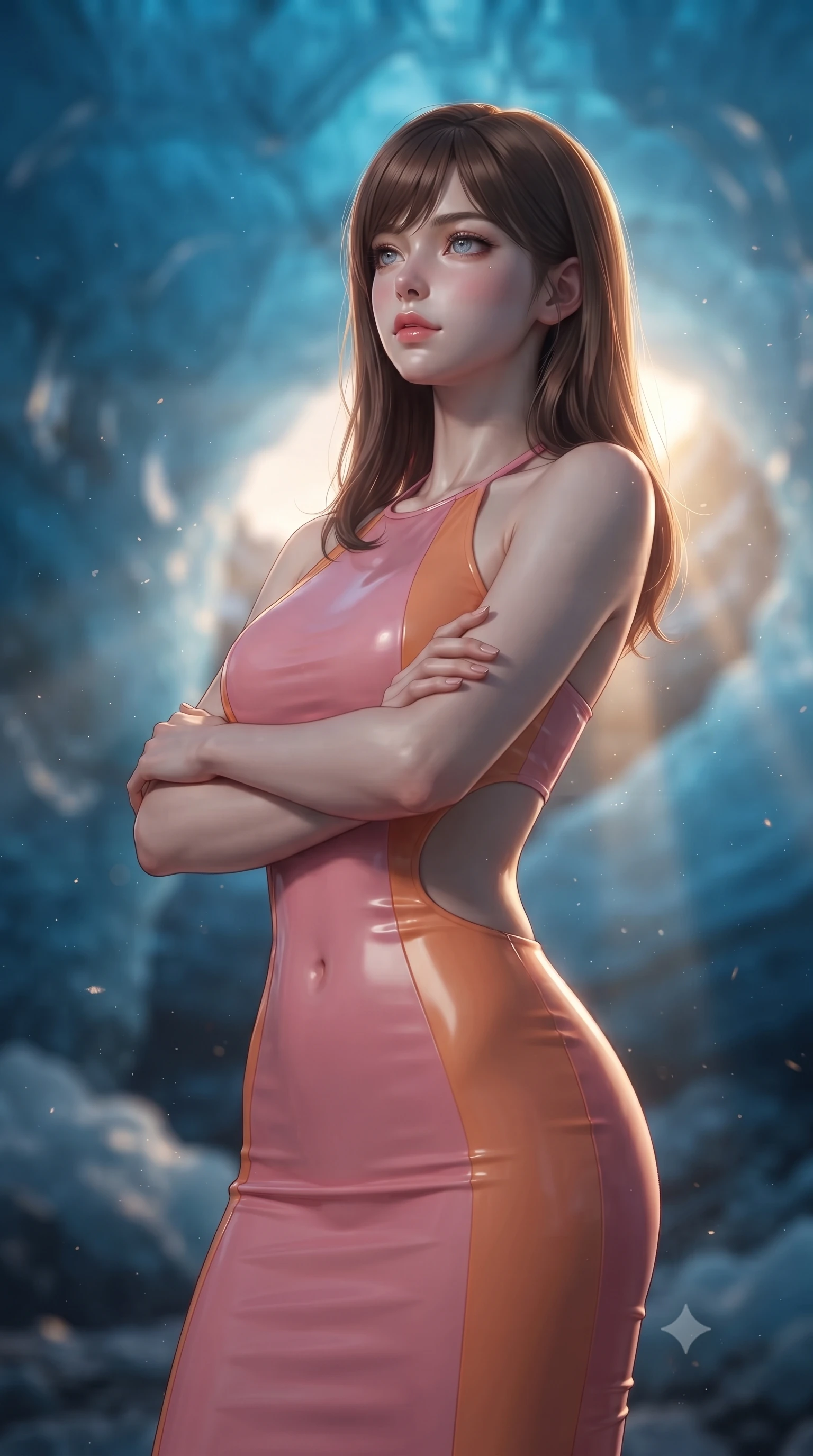 score_9, masterpiece, best quality, ultra-detailed, high-budget anime keyframe, editorial fashion photography, tasteful artistic composition, Korean woman. close-up cowboy shot from the waist and thighs up, the character dominates the composition, filling the frame with her large presence, background elements kept in soft focus. Crossing her arms with serene confidence and chin slightly raised. set against a soft-focus background of inside a massive glacier cave where the ice walls are deep sapphire blue compressed by millennia of pressure light filtering through the ancient ice creating an atmosphere like being submerged in a blue ocean. She has an exceptionally elegant and slender, willowy female figure with an ultra-slim waist, a gracefully sculpted slender torso, and a refined slim physique. sharp v-shaped jawline, high-bridge nose, intricate jewel-like eyes with depth, thick eyelashes, glossy lips with a natural sheen. wearing a latex-effect bodycon dress in a pink and orange color-block, featuring side torso cutouts and a halter neckline. golden hour sunlight streaming in warm shafts with floating dust particles catching the light. 2k, ultra detail, master piece, 9:16 ratio