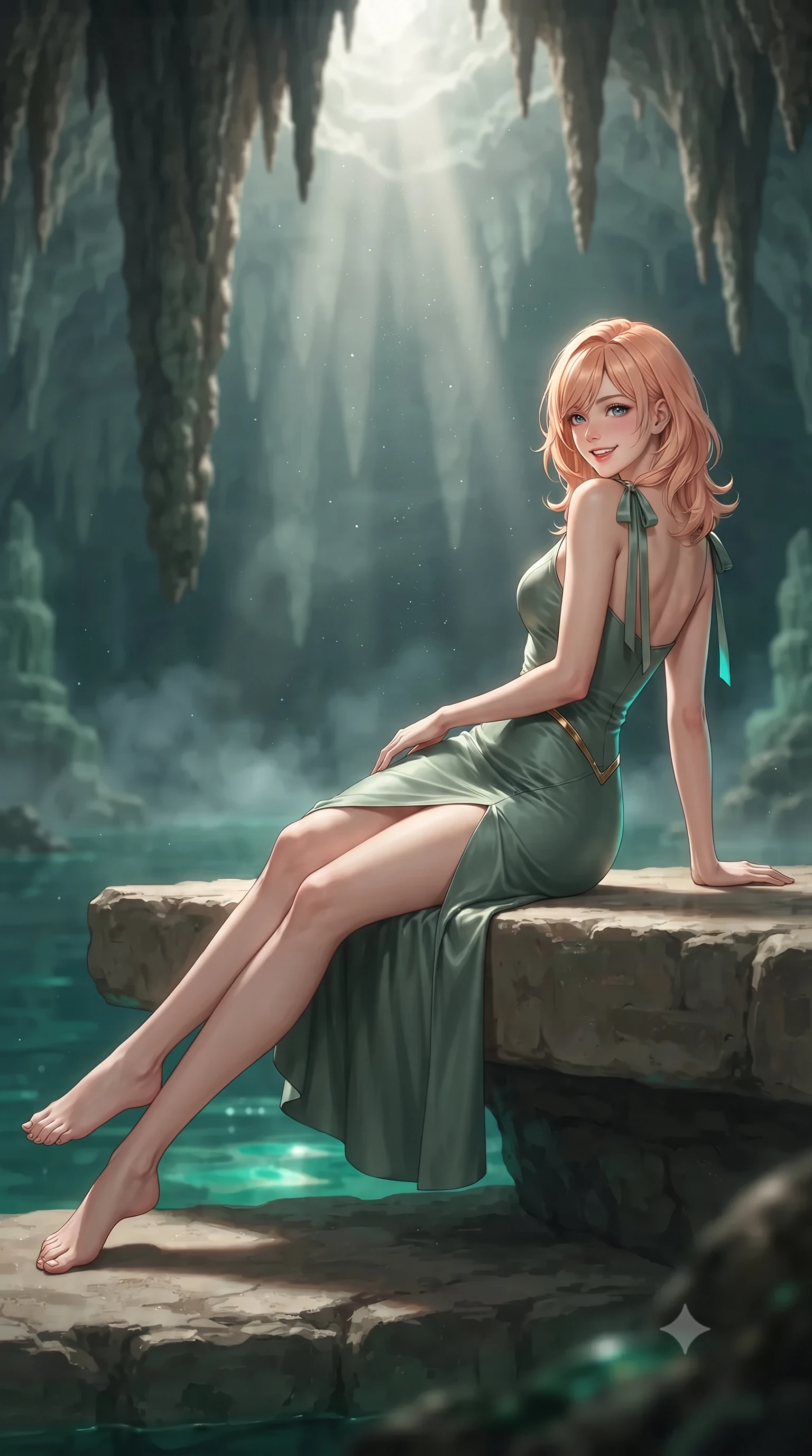 score_9, masterpiece, best quality, ultra-detailed, high-budget anime keyframe, editorial fashion photography, tasteful artistic composition, Japanese woman. low angle full-body shot from head to toe showing her feet, filling the entire 9:16 vertical frame with her statuesque presence, stretching her vertical silhouette. posing in a classic haute-couture S-curve stance beside the floor-to-ceiling window, looking over a bare shoulder with magnetic presence while reclining gracefully across the flat limestone ledge propped on one elbow with legs extended, displaying her long slender limbs and statuesque hourglass silhouette in the sacred sanctuary. The background shows a soft-focus colossal hanging limestone stalactites, single beam of sunlight cutting through subterranean mist, and translucent emerald cavern water blurred into jade, topaz, and obsidian bokeh. She has an exceptionally tall and slender model-like 8.5-heads proportion, an ultra-slim waist, a flat toned midriff, narrow delicate ribcage, and beautifully sculpted feminine hips creating a graceful, slim hourglass silhouette without any bulky heaviness, with impossibly long slender legs. sharp v-shaped jawline, high-bridge nose, intricate jewel-like sparkling eyes with depth, thick eyelashes, glossy parted lips with a natural peach sheen, bright cheerful beaming smile with an enchanting and coquettish sensual glint, exuding both youthful cute charm and seductive allure, flawlessly proportioned anatomical accuracy, strict slender model proportions, natural body alignment, perfectly sculpted long slender limbs, ultra-slim waistline, clean dynamic posture without body distortion. wearing a glove-like stretch lambskin leather sheath dress accentuating her ultra-slim waistline in Tulum jungle agave sage and copal resin gold, crafted from fluid liquid silk satin that clings smoothly to her narrow waist and rounded hips with a dewy sheen, finished with satin ribbon ties at the shoulders fluttering in the gentle breeze, the glove-like clinging cut tightly following the natural contour of her hips and long slender legs with youthful 8.5-heads elegance. illuminated by emerald pool surface specular bounce and sharp gold-cyan dual rim lights sculpting her razor-sharp jawline, narrow waist, and curvy hips. ultra-reflective glossy finish, specular highlights, rich textural contrasts, high-contrast stereoscopic depth, volumetric dynamic lighting, 2k, ultra detail, master piece, 9:16 ratio