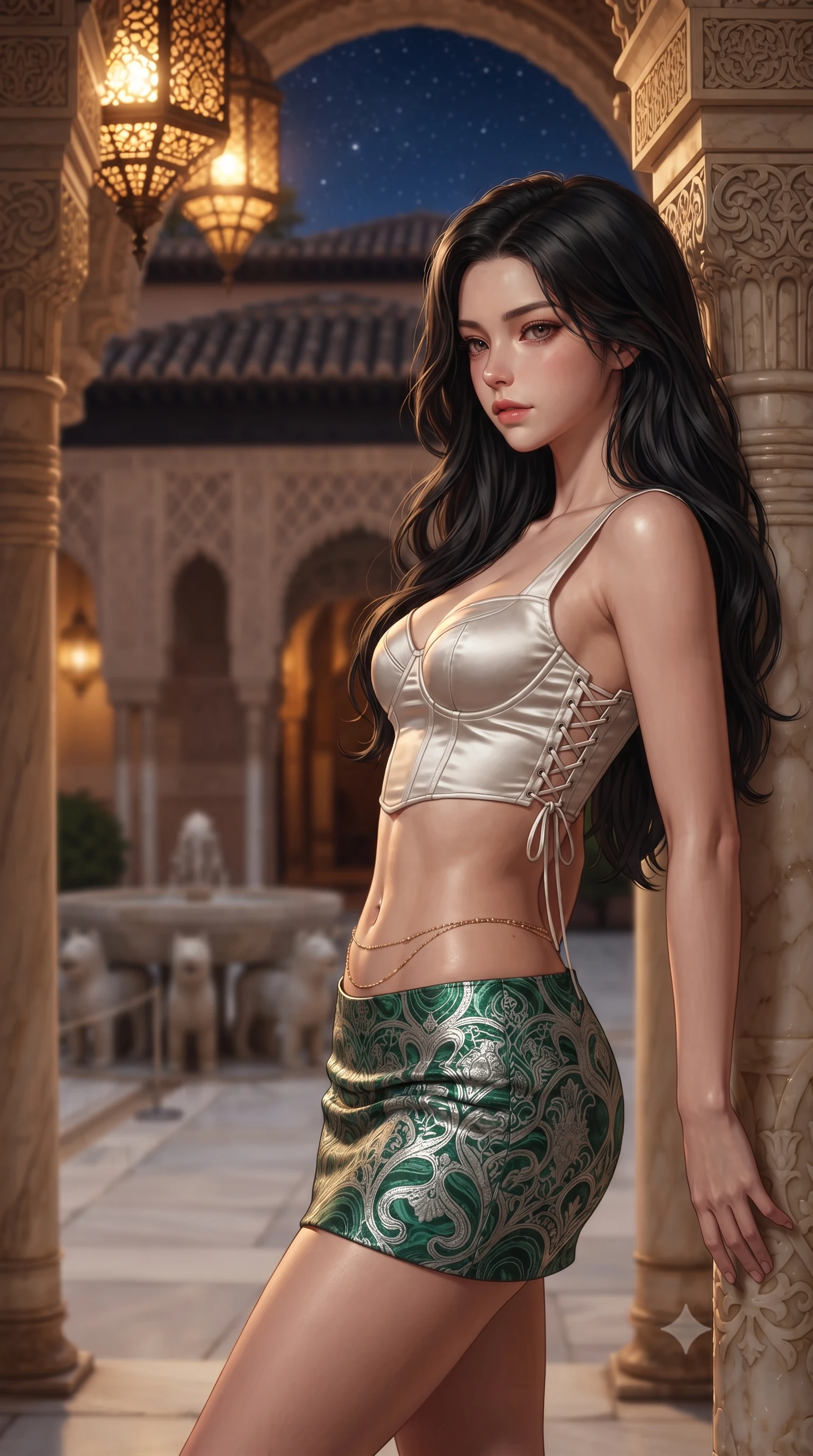 score_9, masterpiece, best quality, ultra-detailed, high-budget anime keyframe, editorial fashion photography, tasteful artistic composition, Korean woman. close-up cowboy shot from the waist and thighs up, the character dominates the composition, filling the frame with her large presence. leaning forward while arching her lower back to accentuate her curvy hips, looking into the camera with an intoxicating smoldering gaze and bedroom-eyes while leaning against the carved alabaster arcade pillar with hips cocked back, looking across the tranquil central courtyard with heavy-lidded bedroom-eyes. The background shows a soft-focus slender white Macael marble colonnade, bubbling lion fountain basin, and starlit Granada skies through horseshoe arches blurred into ivory, amber, and indigo bokeh. She has an exceptionally elegant, slender, and willowy female figure with an ultra-slim waist, flat toned midriff, narrow ribcage, and sculpted feminine hips creating an alluring, slim hourglass silhouette without bulk. sharp v-shaped jawline, high-bridge nose, intricate jewel-like sparkling eyes with depth, thick eyelashes, glossy parted lips with a natural peach sheen, bright cheerful beaming smile with an enchanting and coquettish sensual glint, exuding both youthful cute charm and seductive allure, flawlessly proportioned anatomical accuracy, strict slender model proportions, natural body alignment, perfectly sculpted long slender limbs, ultra-slim waistline, clean dynamic posture without body distortion. wearing a sculpted satin underwire crop bustier with lace-up side ties paired with a micro skirt in Art Nouveau malachite green and antique starlight silver, woven from buttery-soft stretch lambskin leather adhering to her body like a second skin, accented with a dainty gold belly chain resting across her flat midriff and curving hips, the high-slit wrap tailoring accentuating her ultra-slim waistline and the enchanting curve of her feminine hips with alluring seductive charm. bathed in the warm radiant 2600K amber illumination of antique pierced brass lanterns dimmed to an intimate evening glow. ultra-reflective glossy finish, specular highlights, rich textural contrasts, high-contrast stereoscopic depth, volumetric dynamic lighting, 2k, ultra detail, master piece, 9:16 ratio