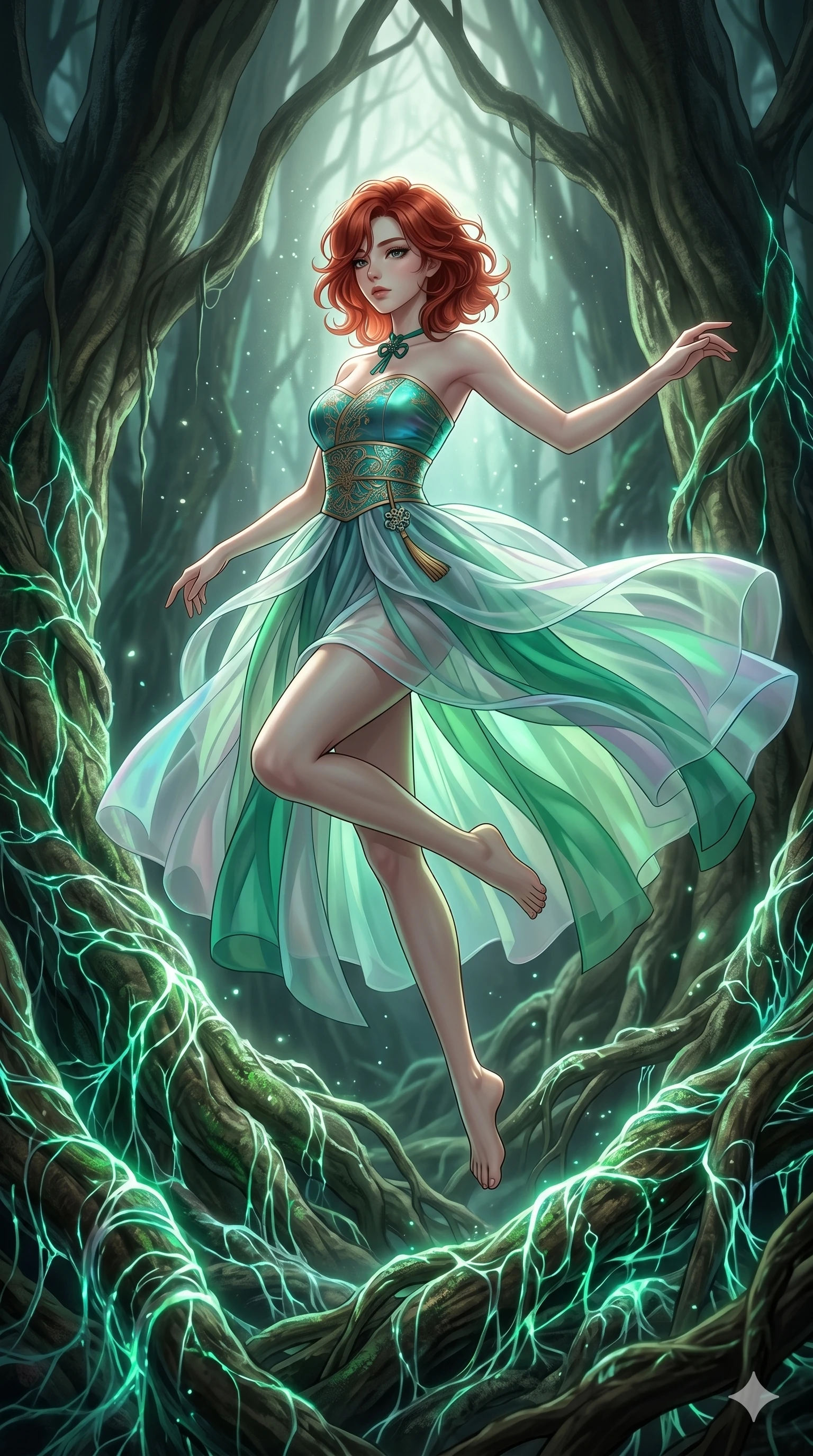 score_9, masterpiece, best quality, ultra-detailed, high-budget anime keyframe, Korean woman. low angle full-body shot filling the entire 9:16 frame with her statuesque presence, stretching the vertical silhouette. jumping amidst giant ancient tree roots wrapped in trillions of glowing mycelium threads pulsing with emerald and opal light. She has an absolutely perfect 8-heads proportion, an exceptionally tall and slender female figure with impossibly long slender legs and an ultra-slim waist. V-shaped jawline, high-bridge nose, intricate jewel-like eyes with depth, thick eyelashes, glossy lips with a natural sheen.. wearing a modern fusion silk hanbok dress, featuring a silk bustier top, layered sheer organza skirts, and a traditional knot choker. illuminated by dramatic chiaroscuro casting soft shadows along her curves, with vibrant backlighting highlighting the dust particles. 2k, ultra detail, master piece, 9:16 ratio