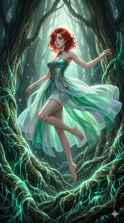 score_9, masterpiece, best quality, ultra-detailed, high-budget anime keyframe, Korean woman. low angle full-body shot filling the entire 9:16 frame with her statuesque presence, stretching the vertical silhouette. jumping amidst giant ancient tree r