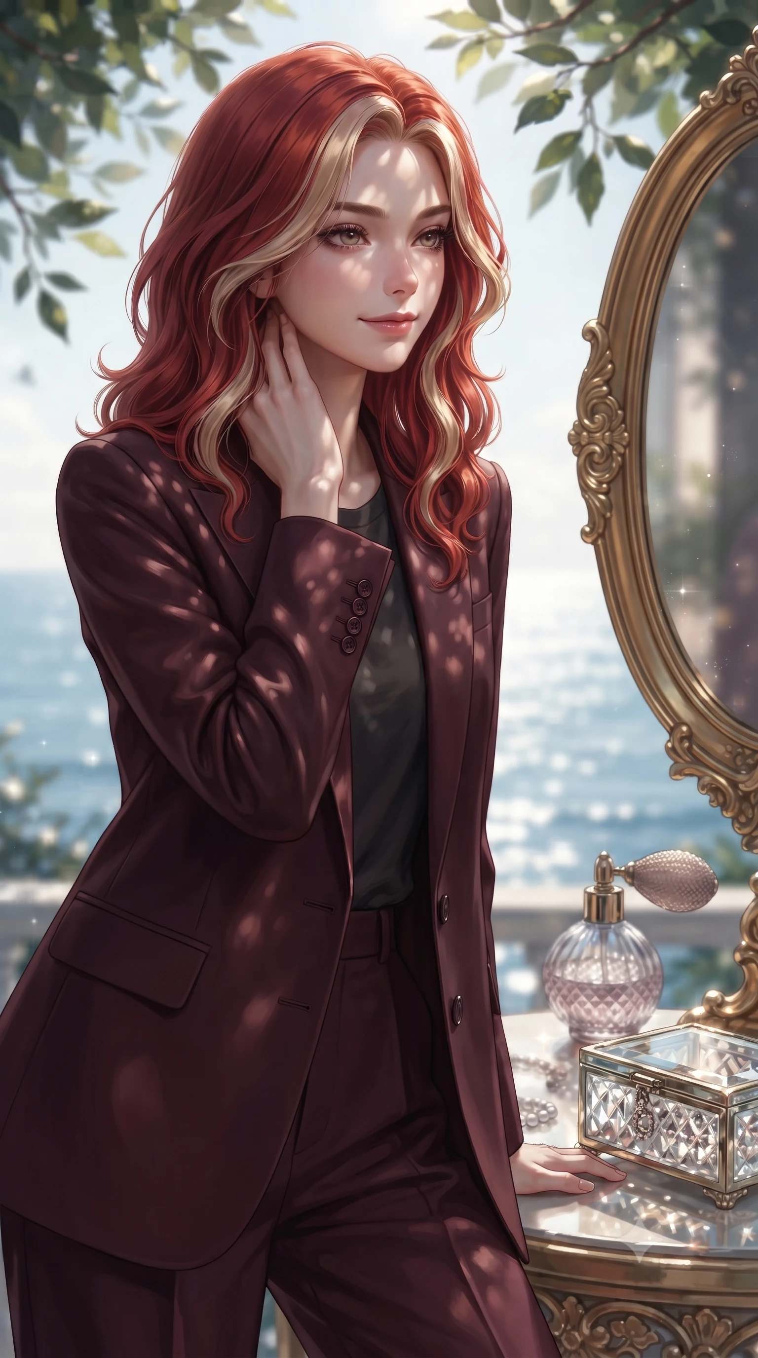 score_9, masterpiece, best quality, ultra-detailed, high-budget anime keyframe, editorial fashion photography, tasteful artistic composition, Caucasian woman. close-up cowboy shot from the waist and thighs up, the character dominates the composition, filling the frame with her large presence, background elements kept in soft focus. gazing into a gilded mirror reflection with a confident, sensual smile, tracing her neck contour set against a soft-focus background of inside an exclusive coastal veranda with a vintage perfume atomizer and crystal jewelry box reflecting soft light. She has an exceptionally elegant, slender, and willowy female figure with an ultra-slim waist, a gracefully sculpted slender torso, and a refined silhouette. sharp v-shaped jawline, high-bridge nose, intricate jewel-like eyes with depth, thick eyelashes, glossy lips with a natural sheen. wearing form-contouring deep burgundy matte silk tailored casual blazer paired with a loose tee and wide-leg trousers featuring refined tailored seams. highlighted by dappled sunlight filtering through leafy branches, creating soft organic patterns. ultra-reflective glossy finish, specular highlights, metallic sheen, high-contrast stereoscopic depth, volumetric dynamic lighting, 2k, ultra detail, master piece, 9:16 ratio