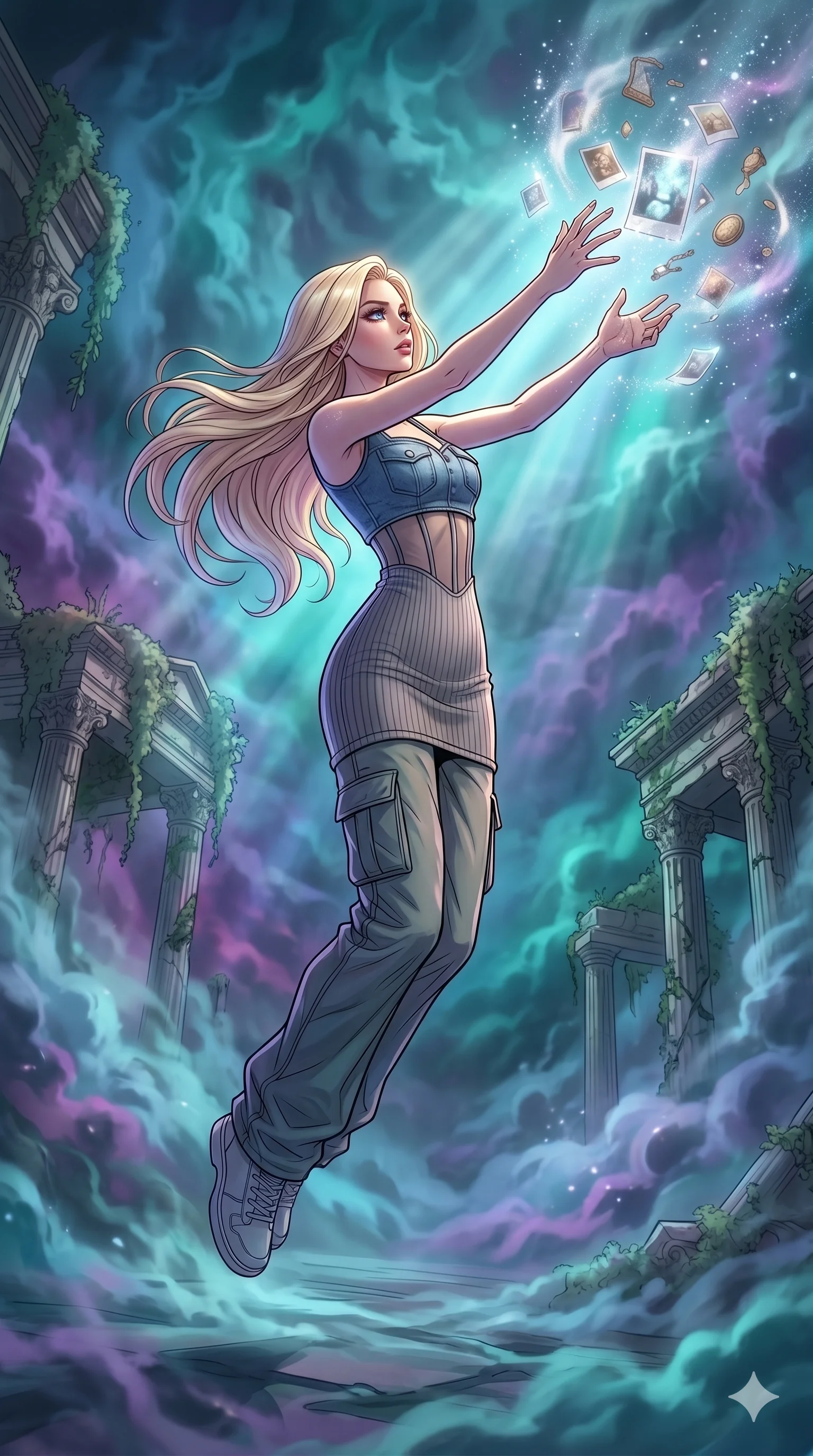 score_9, masterpiece, best quality, ultra-detailed, high-budget anime movie keyframe, cinematic anime lighting, intricate line art, Caucasian (strictly human ears) woman. Dynamic full-body shot stretching the vertical silhouette with extreme perspective. reaching out for a disappearing memory in a world of mist. She has an absolutely perfect 8-heads proportion, an exceptionally tall and slender female figure with an ultra-slim waist and impossibly long slender legs. strictly human anatomy, two legs only, no extra limbs, clearly defined legs and arms, perfect anatomy, perfect hands and fingers. sharp v-shaped jawline, high-bridge nose, intricate jewel-like eyes, thick eyelashes, glossy lips. Wearing Urban Trendsetter: Ribbed bodycon dress, crop top with high-waist denim, and sheer corset with cargo pants. The scene is illuminated by dramatic atmospheric lighting and vibrant color palettes. , 2k, ultra detail, master piece, 9:16 ratio