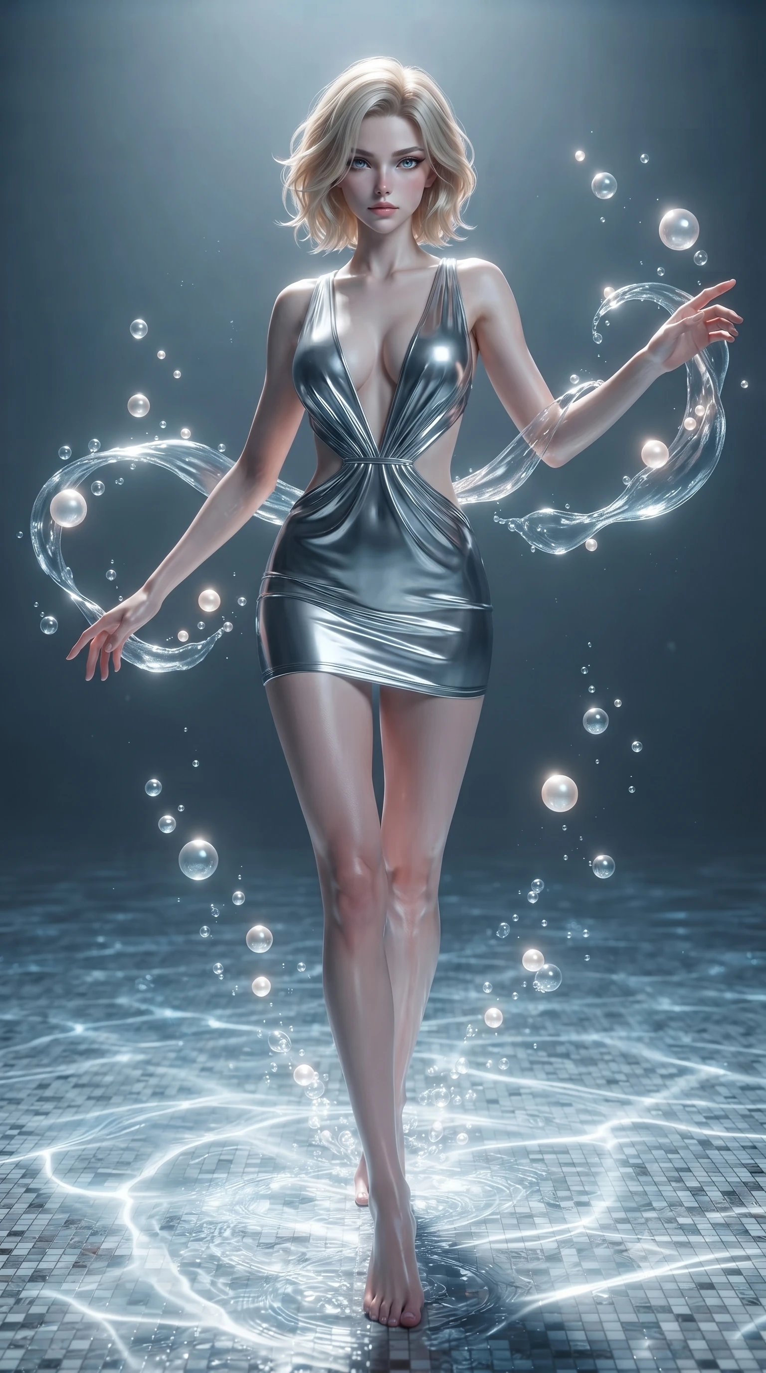 score_9, masterpiece, best quality, ultra-detailed, high-budget anime keyframe, editorial fashion photography, tasteful artistic composition, Caucasian woman. low angle full-body shot from head to toe showing her feet, filling the entire 9:16 vertical frame with her statuesque presence, stretching her vertical silhouette. interacting gracefully with the magical floating elements while maintaining a confident posture gliding over a mosaic marble floor illuminated by caustic water ripples, rising bioluminescent bubbles casting soft pearl-like highlights. She has an absolutely perfect, statuesque 8.5-heads proportion, an exceptionally tall and slender model-like female figure with impossibly long slender legs and an ultra-slim waist. sharp v-shaped jawline, high-bridge nose, intricate jewel-like eyes with depth, thick eyelashes, glossy lips with a natural sheen. wearing a liquid mercury gloss mini dress with ultra-deep plunging V-neck and dramatic waist cutouts, the elegant draped fit framing her graceful clavicle and slender torso. lit by clear sun-drenched sea light with soft ethereal shadows. ultra-reflective glossy finish, specular highlights, metallic sheen, high-contrast stereoscopic depth, volumetric dynamic lighting, 2k, ultra detail, master piece, 9:16 ratio