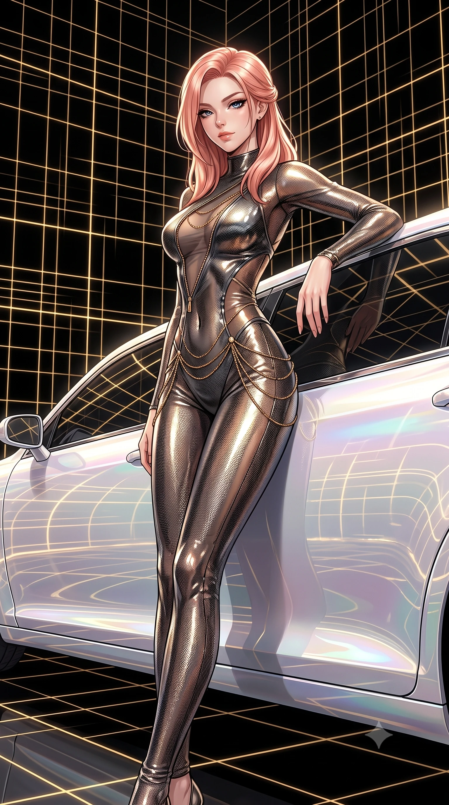 score_9, masterpiece, best quality, ultra-detailed, High-budget Anime Keyframe, East Asian woman. Dynamic full-body shot stretching the vertical silhouette to the limit. Scenario 292: leaning against a sleek white hover-limousine by a digital arena where gold gridlines project onto the black walls. Her presence is magnetic and overpowering in this high-budget anime scene. Outfit 292: a body-hugging molten liquid silk mesh with a unzipped detail and fine gold chains. The clothing is designed to emphasize her exceptionally tall and slender 8-heads proportion. 8-heads proportion, towering silhouette, ultra-slim waist. sharp v-shaped jawline, intricate jewel-like eyes with depth, thick eyelashes, glossy lips. 2k, ultra detail, master piece, 9:16 ratio