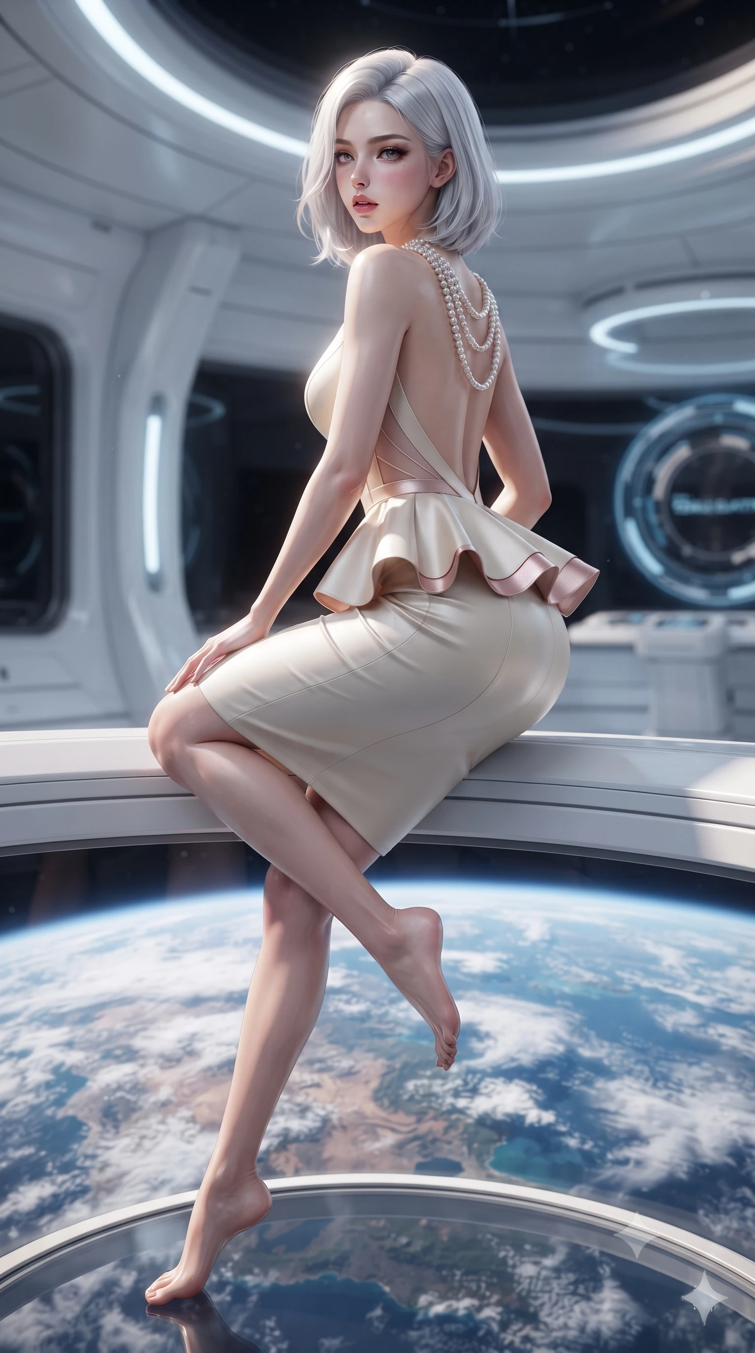 score_9, masterpiece, best quality, ultra-detailed, high-budget anime keyframe, editorial fashion photography, tasteful artistic composition, Korean woman. low angle full-body shot from head to toe showing her feet, filling the entire 9:16 vertical frame with her statuesque presence, stretching her vertical silhouette. sitting perched on the elevated edge with hips angled toward the camera and legs crossed, displaying her toned midriff and flawlessly sculpted slender limbs while standing poised on the magnetic observation deck, twisting her slender torso in an alluring S-curve as continents and cloud swirls drift beneath her feet. The composition keeps background elements in soft focus with creamy bokeh. sleek white space station bulkheads and glowing telemetry rings softened in futuristic shallow focus. She has an exceptionally tall and slender model-like 8.5-heads proportion, an ultra-slim waist, a flat toned midriff, narrow delicate ribcage, and beautifully sculpted feminine hips creating a graceful, slim hourglass silhouette without any bulky heaviness, with impossibly long slender legs. sharp v-shaped jawline, high-bridge nose, intricate jewel-like eyes with depth, thick eyelashes, glossy parted lips with a natural sheen, intensely captivating and seductive bedroom-eyes expression, flawlessly proportioned anatomical accuracy, strict slender model proportions, natural body alignment, perfectly sculpted long slender limbs, ultra-slim waistline, clean dynamic posture without body distortion. wearing a structural geometric peplum gown with sheer side-ribbon cutouts and form-fitting skirt in vintage champagne ivory and delicate rose gold, tailored from water-resistant treated wool gabardine and flexible stretch silk, accented with a multi-strand pearl back necklace cascading down her bare spine to her hips, the dramatically scooped open back descending to the base of her spine, accentuating her razor-sharp statuesque lines and slim hourglass silhouette. illuminated by sleek metallic specular reflections sharply defining her bare collarbones, ultra-slim waist, and curvy hips. ultra-reflective glossy finish, specular highlights, rich textural contrasts, high-contrast stereoscopic depth, volumetric dynamic lighting, 2k, ultra detail, master piece, 9:16 ratio
