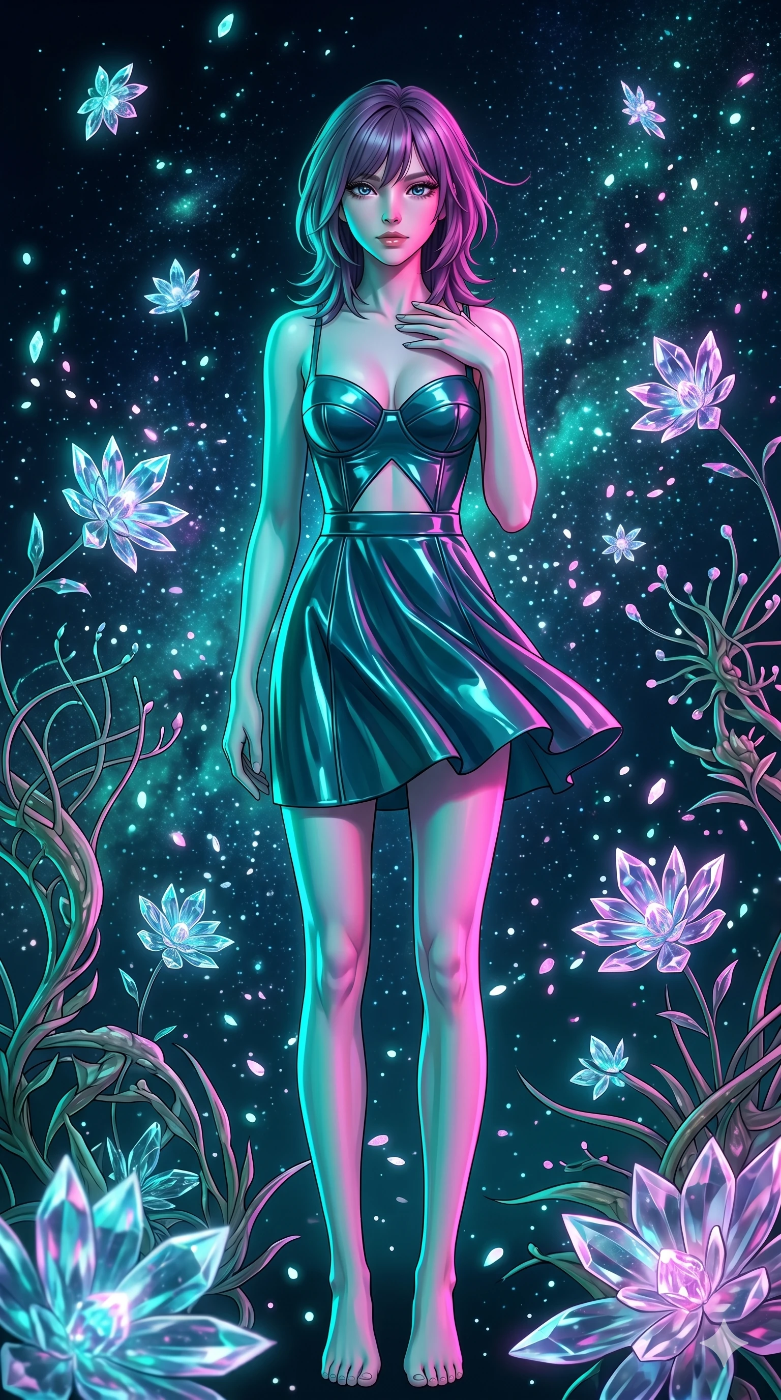 score_9, masterpiece, best quality, ultra-detailed, high-budget anime keyframe, editorial fashion photography, tasteful artistic composition, Japanese woman. cowboy shot from the thighs up, character and outfit filling the frame for maximum editorial presence. Resting one hand on her collarbone while looking directly forward with effortless poise within a gravity-defying star-garden where glowing crystal pollen drifts in the air, as a gentle breeze stirs the glowing elements around her. She has an absolutely perfect 8-heads proportion, an exceptionally tall and slender female figure with impossibly long slender legs and an ultra-slim waist. V-shaped jawline, high-bridge nose, intricate jewel-like eyes with depth, thick eyelashes, glossy lips with a natural sheen. wearing a structured bustier dress in high-gloss dark teal with a geometric cutout at the midriff. under intense neon teal and magenta split-lighting, creating vivid chromatic contrast on her figure. 2k, ultra detail, master piece, 9:16 ratio