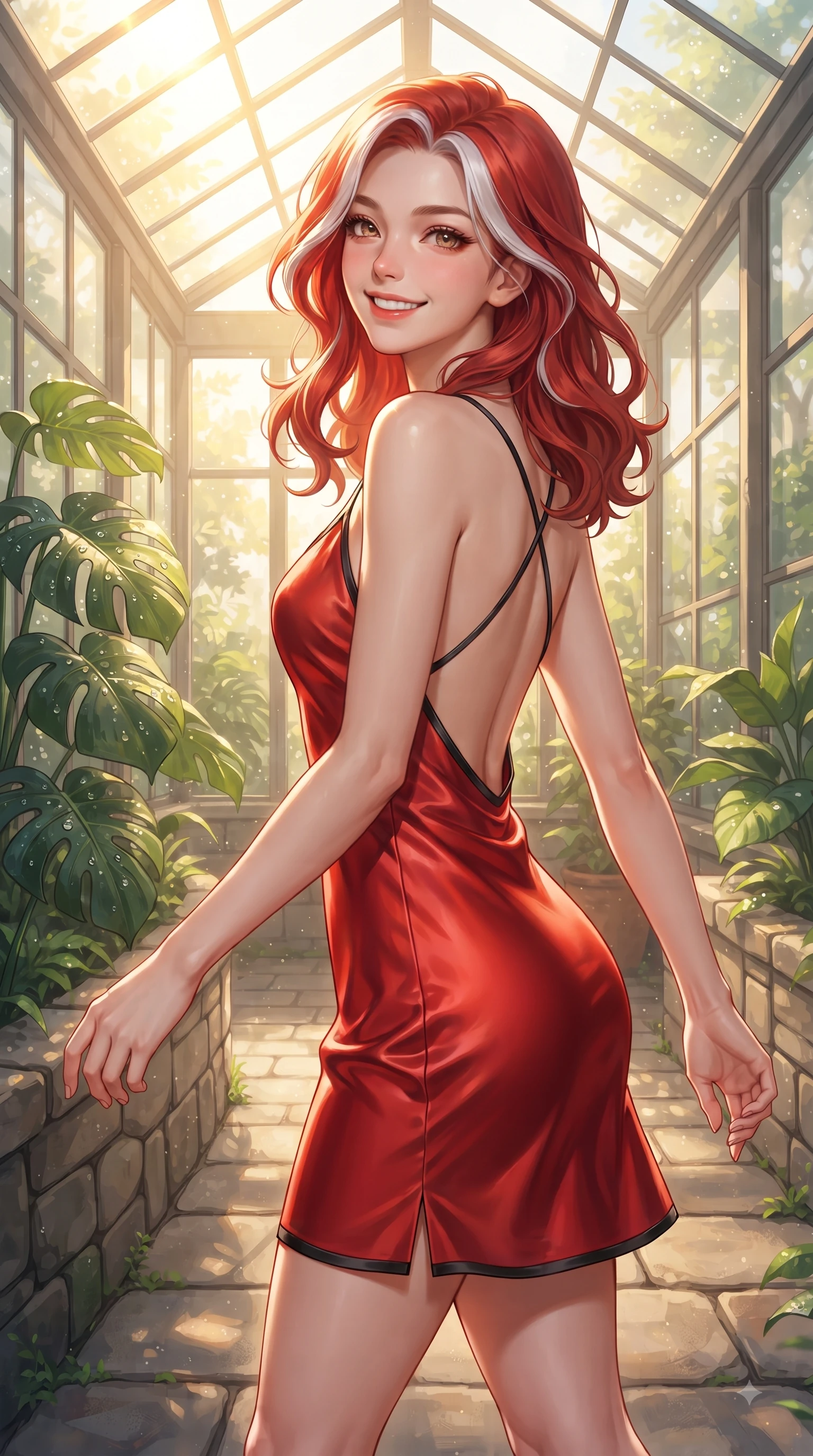 score_9, masterpiece, best quality, ultra-detailed, high-budget anime keyframe, editorial fashion photography, tasteful artistic composition, Caucasian woman. close-up cowboy shot from the waist and thighs up, the character dominates the composition, filling the frame with her large presence. Youthful bright smile exuding pure cute charm and fresh energy, her torso turning dynamically into the lens while walking along a stone path in a sunlit botanical greenhouse surrounded by tropical greenery. The surrounding environment is rendered in vivid detail and crisp panoramic clarity. dewdrops on Monstera leaves, stone bridge details, and clear glass geometric panels in crisp resolution. She has an exceptionally elegant, slender, and willowy female figure with an ultra-slim waist, a gracefully sculpted slender torso, and a refined silhouette. sharp v-shaped jawline, high-bridge nose, intricate jewel-like eyes with depth, thick eyelashes, glossy lips with a natural sheen, flawlessly proportioned anatomical accuracy, natural body alignment, perfectly sculpted elegant limbs, clean dynamic posture without body distortion. wearing a precision-fitted liquid satin slip dress with fluid draped lines and an open back in vibrant scarlet red and sleek black trim, crafted from smooth liquid silk satin, finished with delicate criss-cross back straps highlighting her bare shoulders, the form-contouring material highlighting her ultra-slim waist and long lines. bathed in brilliant golden sunlight filtering through conservatory glass panes. ultra-reflective glossy finish, specular highlights, metallic sheen, high-contrast stereoscopic depth, volumetric dynamic lighting, 2k, ultra detail, master piece, 9:16 ratio