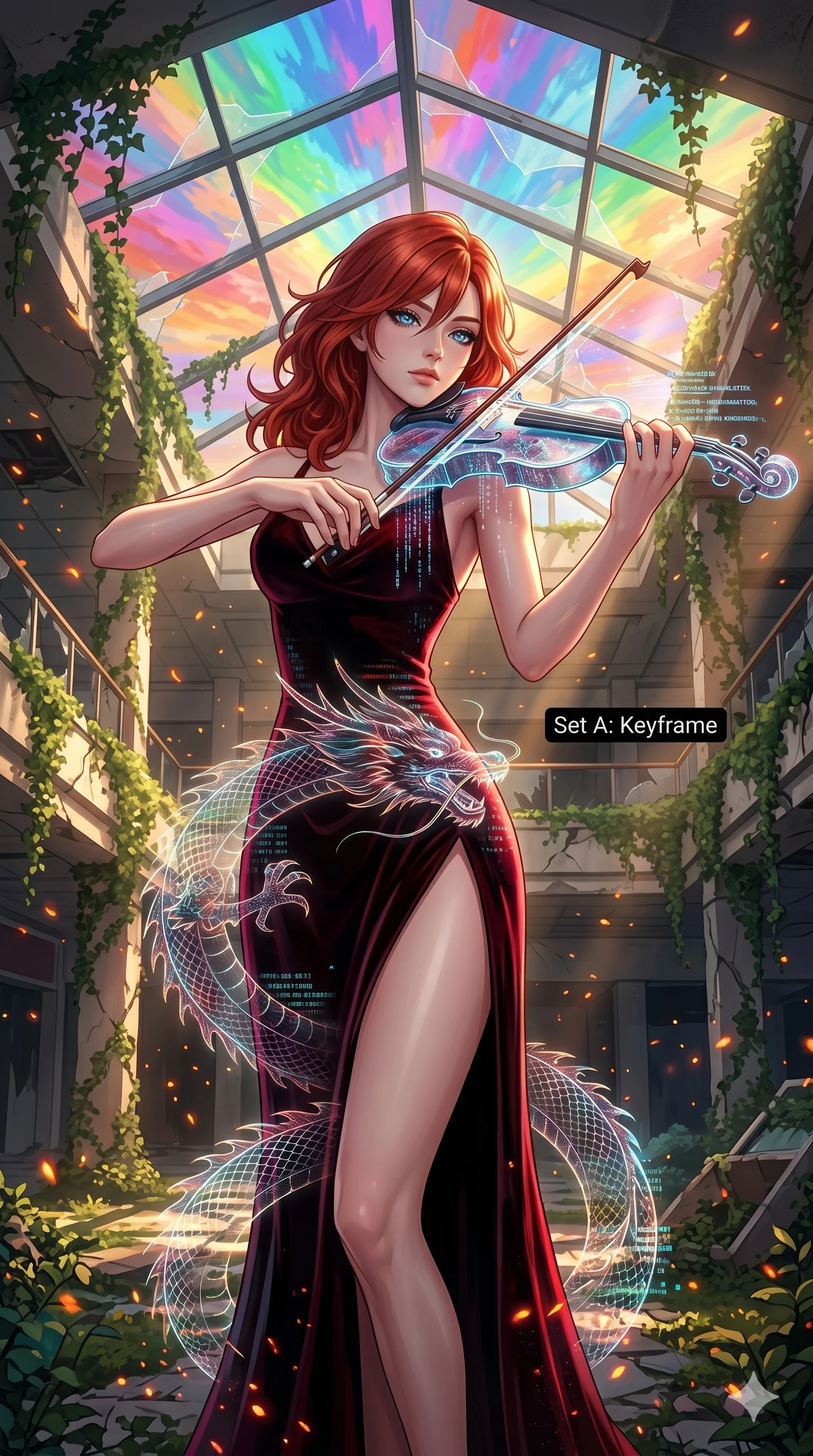 score_9, masterpiece, best quality, ultra-detailed, Set A: High-budget Anime Keyframe, Japanese woman. Upper body close-up from the thighs up, character filling the screen for maximum presence. Theme: Ethereal Dream. playing a holographic violin in a ruined overgrown shopping mall, with a look of serene power as the sky splits into 188 colors. The atmosphere is filled with golden hour with floating embers. She has an absolutely perfect 8-heads proportion, an exceptionally tall and slender female figure with impossibly long slender legs and an ultra-slim waist. Sharp v-shaped jawline, high-bridge nose, intricate jewel-like eyes with depth, glossy lips. Wearing High-slit velvet gown with integrated holographic projection of a dragon. Cinematic lighting, vivid colors, dramatic shadows, 2k, ultra detail, master piece, 9:16 ratio