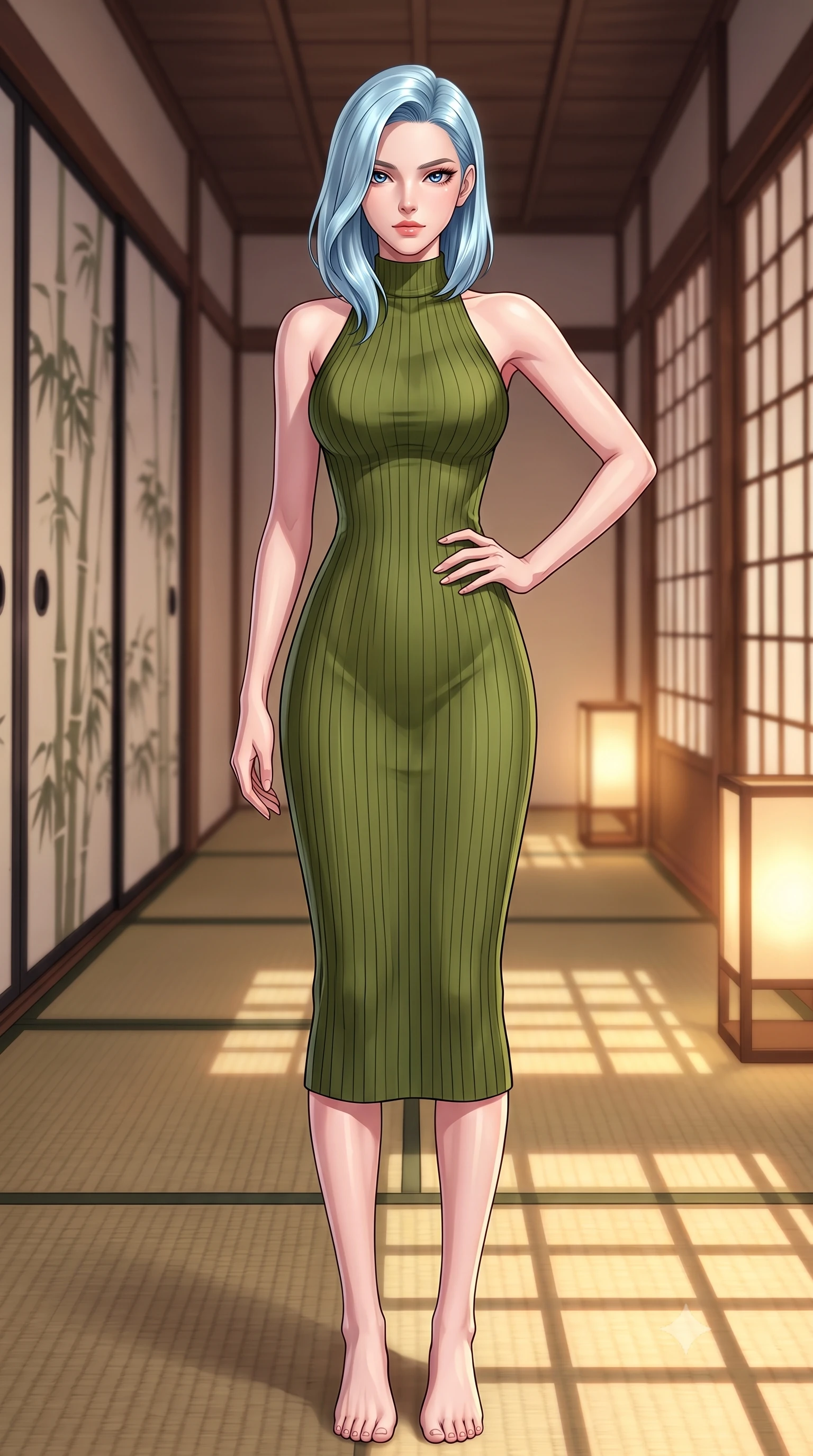 score_9, masterpiece, best quality, ultra-detailed, high-budget anime keyframe, tasteful artistic composition, Korean woman. low angle full-body shot from head to toe showing her feet, filling the entire 9:16 vertical frame with her statuesque presence, stretching her vertical silhouette. posing confidently with one hand on her hip, stretching her statuesque body to emphasize her curves the background shows a soft-focus a traditional paper screen corridor with sliding doors showing bamboo silhouettes. She has an absolutely perfect, statuesque 8.5-heads proportion, an exceptionally tall and slender model-like female figure with impossibly long slender legs and an ultra-slim waist. sharp v-shaped jawline, high-bridge nose, intricate jewel-like eyes with depth, thick eyelashes, glossy lips with a natural sheen. wearing a slim-fit form-contouring ribbed knit bodycon midi dress in olive green, tracing her slender silhouette with a high neck. warm paper lanterns casting soft, diffused grid-like shadow lines on the tatami. highly saturated vibrant anime colors, cel-shading, 2d style, master piece, 9:16 ratio