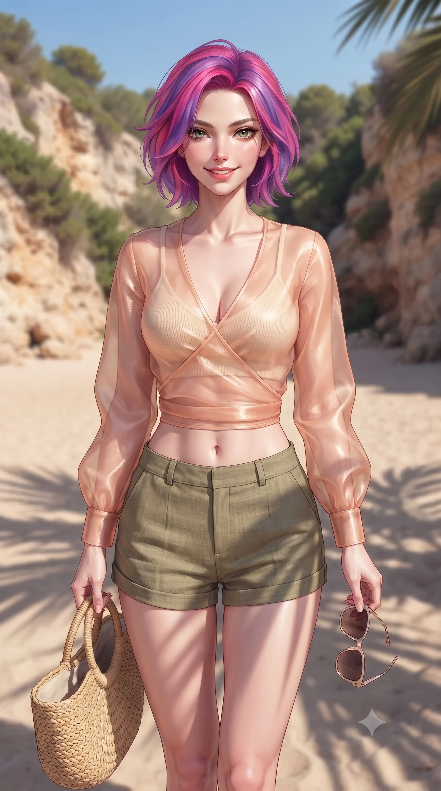 score_9, masterpiece, best quality, ultra-detailed, high-budget anime keyframe, editorial fashion photography, tasteful artistic composition, Caucasian woman. close-up cowboy shot from the waist and thighs up, the character dominates the composition, filling the frame with her large presence, background elements kept in soft focus. smiling cutely with an air of effortless superiority and magnetic charm set against a soft-focus background of in a quiet sandy beach cove surrounded by tall cliffs and green shrubs holding a cute straw tote bag and a pair of sunglasses. She has an exceptionally elegant, slender, and willowy female figure with an ultra-slim waist, a gracefully sculpted slender torso, and a refined silhouette. sharp v-shaped jawline, high-bridge nose, intricate jewel-like eyes with depth, thick eyelashes, glossy lips with a natural sheen. wearing body-hugging sheer organza wrap top over a slim-fit knit bralette and low-cut linen shorts. soft late afternoon sunbeams casting long shadows of palm leaves on the sand. ultra-reflective glossy finish, specular highlights, metallic sheen, high-contrast stereoscopic depth, volumetric dynamic lighting, 2k, ultra detail, master piece, 9:16 ratio