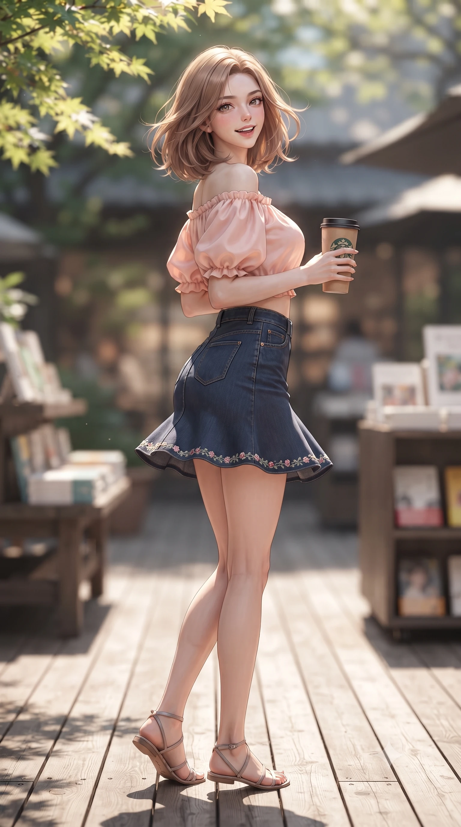 score_9, masterpiece, best quality, ultra-detailed, high-budget anime keyframe, editorial fashion photography, tasteful artistic composition, Korean woman. low angle full-body shot from head to toe showing her feet, filling the entire 9:16 vertical frame with her statuesque presence, stretching her vertical silhouette. executing a cheerful mid-motion pivot turn as her skirt flutters around her slender legs, glancing over her shoulder with an intoxicating, teasing cute expression while standing poised on the sunlit timber deck with a coffee tumbler in hand, twisting her slender torso in an alluring contrapposto stance. The composition keeps background elements in soft focus with dreamy creamy bokeh. outdoor wooden deck terraces and book display displays softened in sophisticated Tokyo shallow focus. She has an exceptionally tall and slender model-like 8.5-heads proportion, an ultra-slim waist, a flat toned midriff, narrow delicate ribcage, and beautifully sculpted feminine hips creating a graceful, slim hourglass silhouette without any bulky heaviness, with impossibly long slender legs. sharp v-shaped jawline, high-bridge nose, intricate jewel-like sparkling eyes with depth, thick eyelashes, glossy parted lips with a natural peach sheen, bright cheerful beaming smile with an enchanting and coquettish sensual glint, exuding both youthful cute charm and seductive allure, flawlessly proportioned anatomical accuracy, strict slender model proportions, natural body alignment, perfectly sculpted long slender limbs, ultra-slim waistline, clean dynamic posture without body distortion. wearing an off-shoulder puff-sleeve crop blouse with a tight high-waisted denim A-line mini skirt emphasizing her curvy hips in pastel peach blossom pink and warm champagne ivory, crafted from liquid-tight stretch jersey emphasizing every curve, complemented by delicate embroidered floral trim along the hem, the glove-like silhouette tightly following the natural contour of her hips and long slender legs with youthful 8.5-heads elegance. bathed in soft, dappled morning sunlight filtering through Japanese maple leaves. ultra-reflective glossy finish, specular highlights, rich textural contrasts, high-contrast stereoscopic depth, volumetric dynamic lighting, 2k, ultra detail, master piece, 9:16 ratio