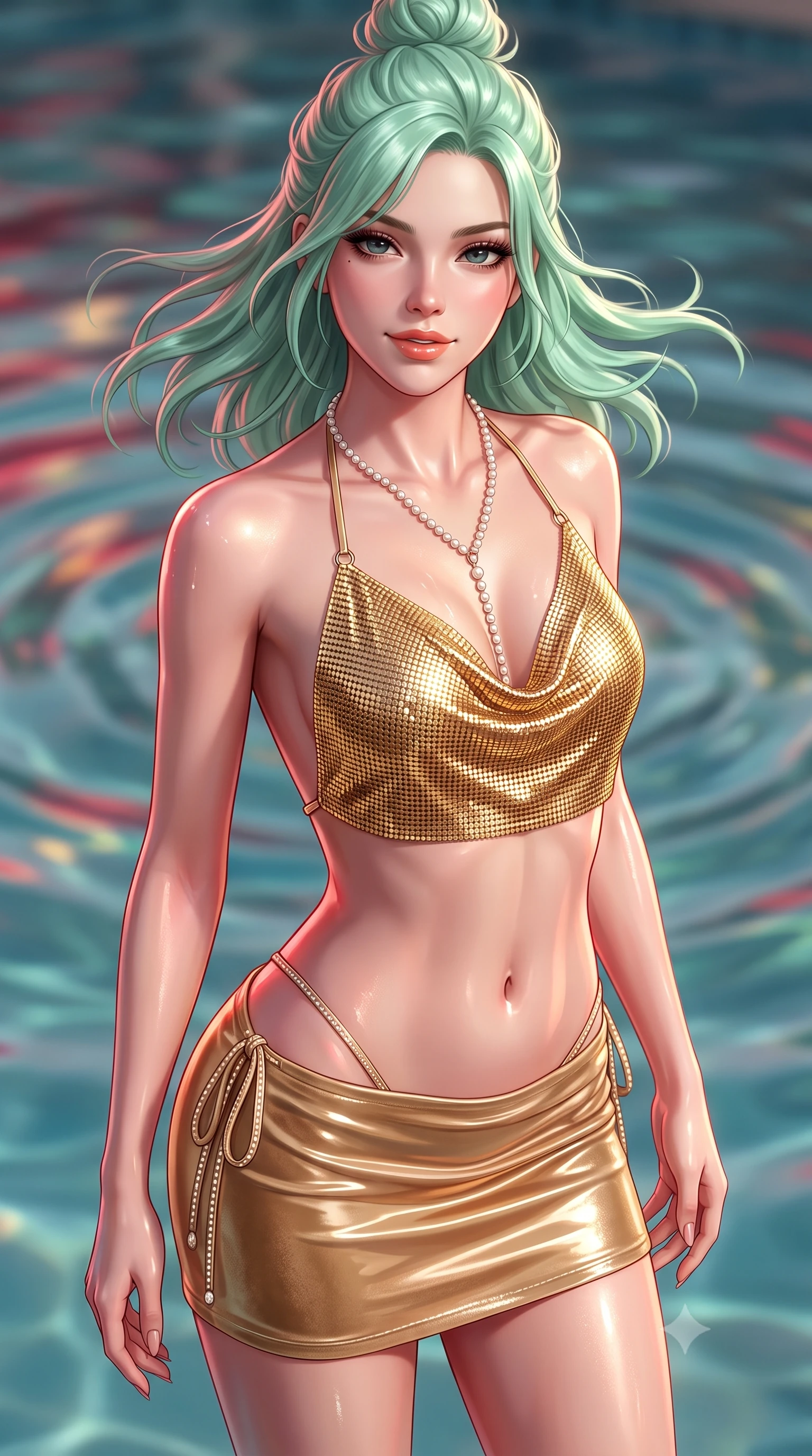 score_9, masterpiece, best quality, ultra-detailed, high-budget anime keyframe, semi-realistic 3D game render, editorial fashion photography, tasteful artistic composition, Japanese woman. close-up cowboy shot from the waist and thighs up, the character dominates the composition, filling the frame with her large presence. turning slowly with an enchanting smoldering smile, her glossy hair tossing in the breeze as her hips angle gracefully in a captivating contrapposto while twisting her slender torso in an alluring S-curve, crimson and gold water reflections dancing across her bare shoulders, flat midriff, and hips. The background shows a soft-focus swirling pool water ripples softened in cinematic Mediterranean shallow focus. She has an exceptionally elegant, slender, and willowy female figure with an ultra-slim waist, flat toned midriff, narrow ribcage, and sculpted feminine hips creating an alluring, slim hourglass silhouette without bulk. sharp v-shaped jawline, high-bridge nose, sparkling eyes with hypnotic seductive depth, thick curled eyelashes, glossy parted lips with a natural dewy peach sheen, alluring bedroom-eyes with an enchanting coquettish smile, exuding magnetic siren charisma and sophisticated glamour, flawlessly proportioned anatomical accuracy, strict slender model proportions, natural body alignment, perfectly sculpted long slender limbs, ultra-slim waistline, clean dynamic posture without body distortion. wearing a liquid gold chainmail cowl halter top paired with an ultra-low-rise velvet mini skirt and side rhinestone ties in desert gold and shimmering sand dune champagne, crafted from wet-look high-gloss vinyl fabric with dazzling specular surface reflections, accented with a pearl-drop body harness subtly framing her dewy collarbones and spine, the liquid-tight tailored fabric clinging flawlessly to her narrow waist and rounded feminine hips, emphasizing every millimeter of her sculpted slim hourglass curves without any bulky heaviness. illuminated by pool water specular reflections and sharp rose-gold rim lights defining her delicate clavicles, ultra-slim waist, and curvy hips. highly saturated vibrant anime colors, detailed shading with soft gradients, rich glossy textures, high-contrast stereoscopic depth, volumetric dynamic lighting, master piece, 9:16 ratio