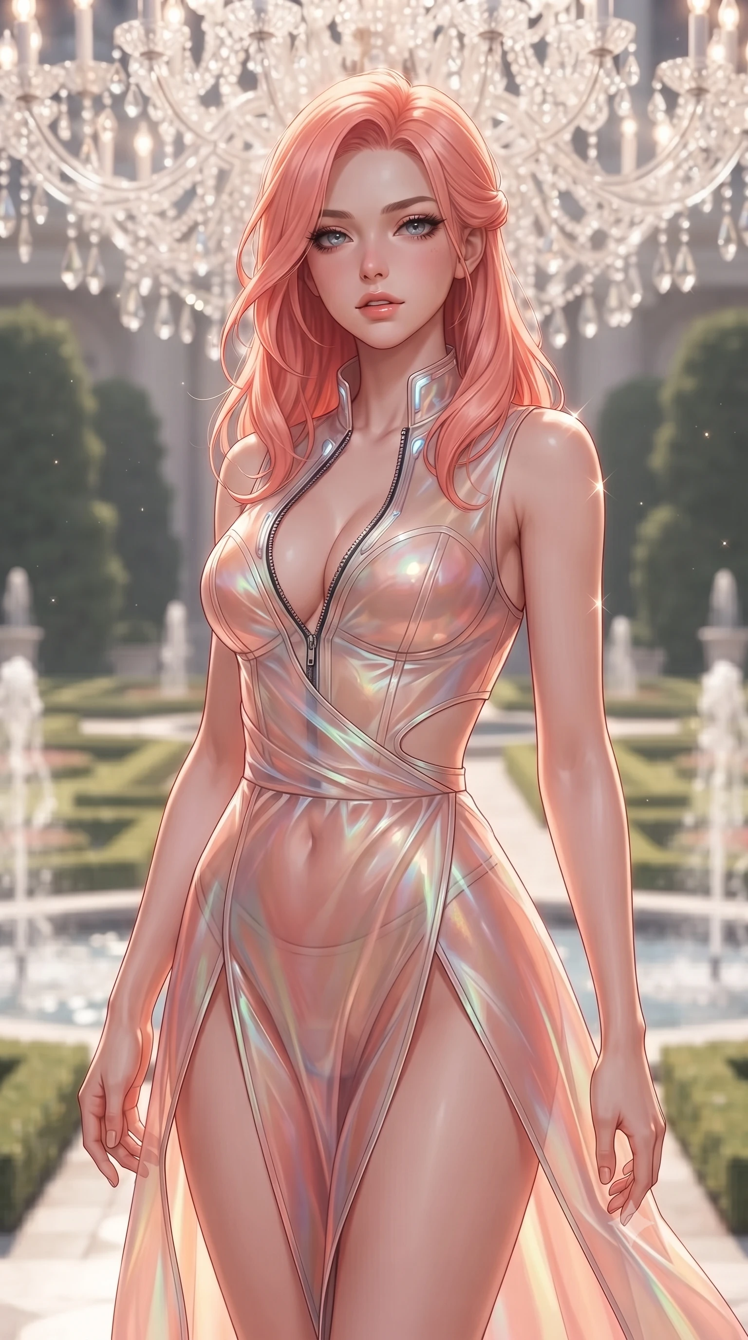 score_9, masterpiece, best quality, ultra-detailed, high-budget anime keyframe, editorial fashion photography, tasteful artistic composition, Japanese woman. close-up cowboy shot from the waist and thighs up, the character dominates the composition, filling the frame with her large presence. casting a slow, smoldering gaze beneath heavy lashes with parted glossy lips, her head slightly tilted in captivating self-assurance while pivoting dynamically beneath a soaring crystal chandelier as golden sunlight casts infinite reflections of her statuesque contour. The composition keeps background elements in soft focus with creamy bokeh. palace parterre gardens and fountain water jets softened in luminous shallow depth of field. She has an exceptionally elegant, slender, and willowy female figure with an ultra-slim waist, a gracefully sculpted slender torso, toned flat midriff, and a refined slim silhouette. sharp v-shaped jawline, high-bridge nose, intricate jewel-like eyes with depth, thick eyelashes, glossy lips with a natural sheen, flawlessly proportioned anatomical accuracy, strict slender model proportions, natural body alignment, perfectly sculpted long slender limbs, ultra-slim waistline, clean dynamic posture without body distortion. wearing a translucent iridescent organza wrap dress with structured bustier boning, plunging neckline, and high-cut dual leg slits in radiant coral pink and champagne ivory, made of smooth iridescent silk chiffon that shifts colors with movement, featuring a dangerously unzipped neckline framed by glowing cybernetic accents, the precision-cut daring openings accentuating her delicate midriff, graceful bare collarbones, and ultra-slim feminine waistline. illuminated by clear directional sunbursts with sharp specular rim highlights tracing her slender curves. ultra-reflective glossy finish, specular highlights, metallic sheen, high-contrast stereoscopic depth, volumetric dynamic lighting, 2k, ultra detail, master piece, 9:16 ratio