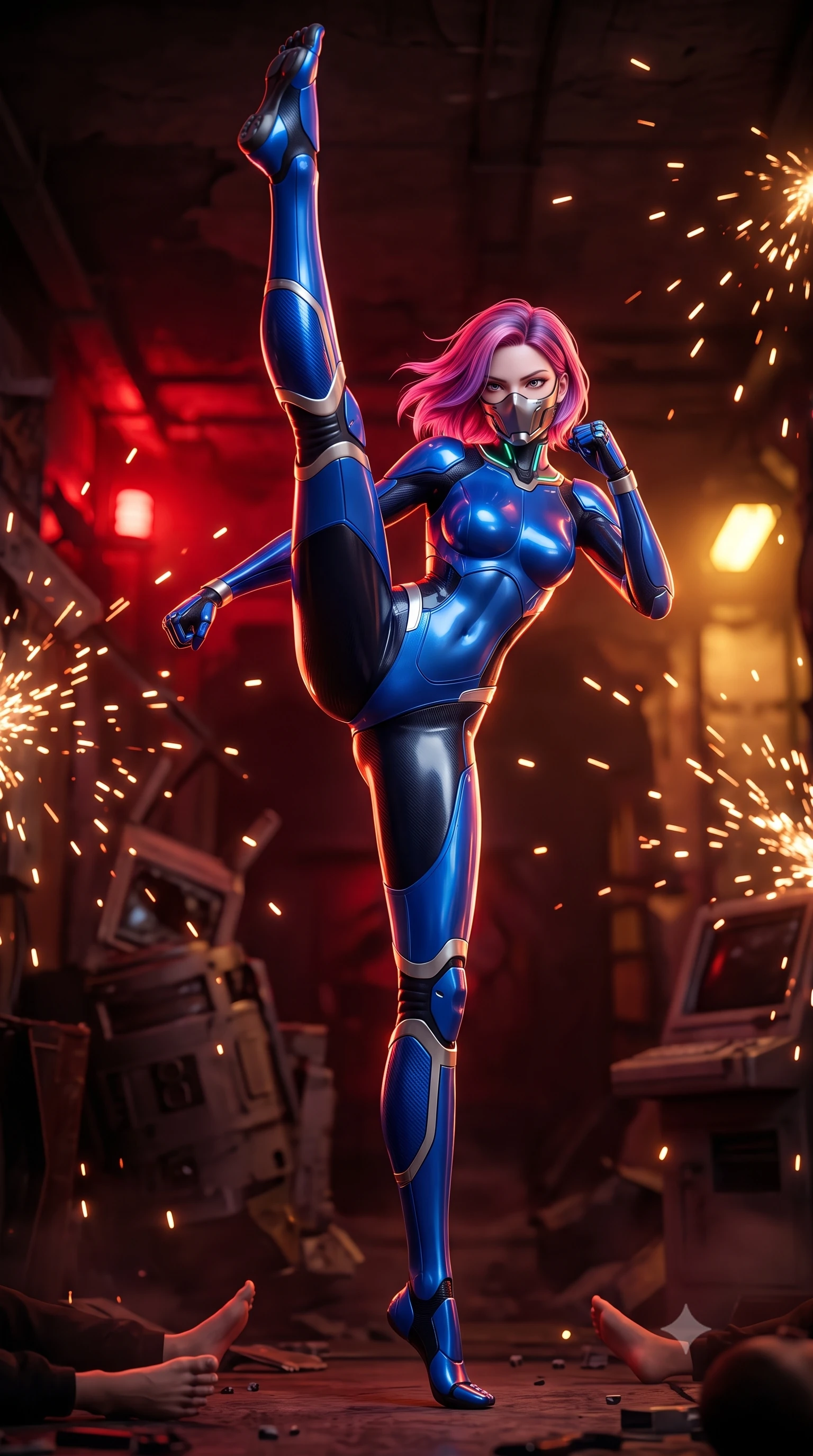 score_9, masterpiece, best quality, ultra-detailed, high-budget anime keyframe, semi-realistic 3D game render, editorial fashion photography, tasteful artistic composition, Caucasian woman. low angle full-body shot from head to toe showing her feet, filling the entire 9:16 vertical frame with her statuesque presence, stretching her vertical silhouette. executing a breathtaking zero-gravity high-kick with full 180-degree vertical extension, her impossibly long slender legs dominating the frame with razor-sharp poise while standing tall under blinking emergency floodlights as the bunker security systems spark and collapse in defeat. The composition keeps background elements in soft focus with creamy bokeh. sparkling short-circuit sparks scattering radiant light motes across a dark fortified bunker backdrop. She has an absolutely perfect, statuesque 8.5-heads proportion, an exceptionally tall and slender model-like female figure with impossibly long slender legs, a toned flat midriff, and an ultra-slim waist. sharp v-shaped jawline, high-bridge nose, intricate jewel-like eyes with depth, thick eyelashes, glossy lips with a natural sheen, fierce and resolute heroine expression, flawlessly proportioned anatomical accuracy, strict slender model proportions, natural body alignment, perfectly sculpted long slender limbs, ultra-slim waistline, clean dynamic posture without body distortion. wearing a sleek titanium half-face combat rebreather guard protecting her lower jaw while leaving her expressive eyes and long hair flowing freely, paired with an ultra-sleek high-gloss carbon-composite exoskeleton suit featuring kinetic shock-absorbing shin guards and flexible limb articulation joints in electric cobalt blue carbon with brushed platinum tactical trim, crafted from ultra-strong woven carbon-fiber composite with battle-tested satin luster, featuring a sleek aerodynamic collar framed by subtle glowing cybernetic status LEDs, the form-contouring material adhering flawlessly to her sculpted flat midriff and slender torso, emphasizing her long leg lines and perfectly proportioned willowy build. bathed in intense pulsing red hazard strobe lighting and warm golden emergency lamp fill. rich saturated anime colors with glowing neon highlights, detailed shading with soft gradients, rich glossy textures, high-contrast stereoscopic depth, volumetric dynamic lighting, master piece, 9:16 ratio