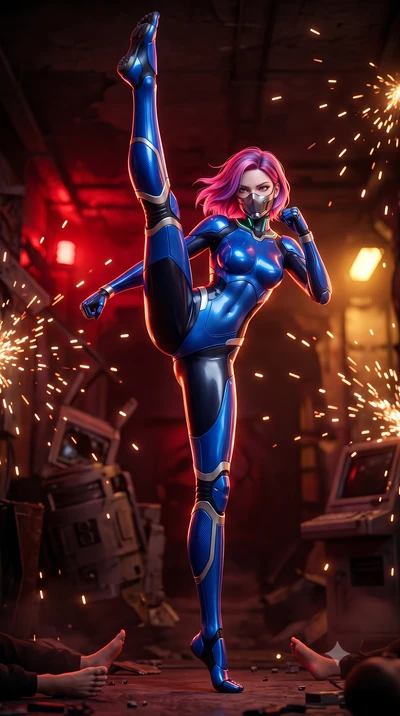 score_9, masterpiece, best quality, ultra-detailed, high-budget anime keyframe, semi-realistic 3D game render, editorial fashion photography, tasteful artistic composition, Caucasian woman. low angle full-body shot from head to toe showing her feet, 