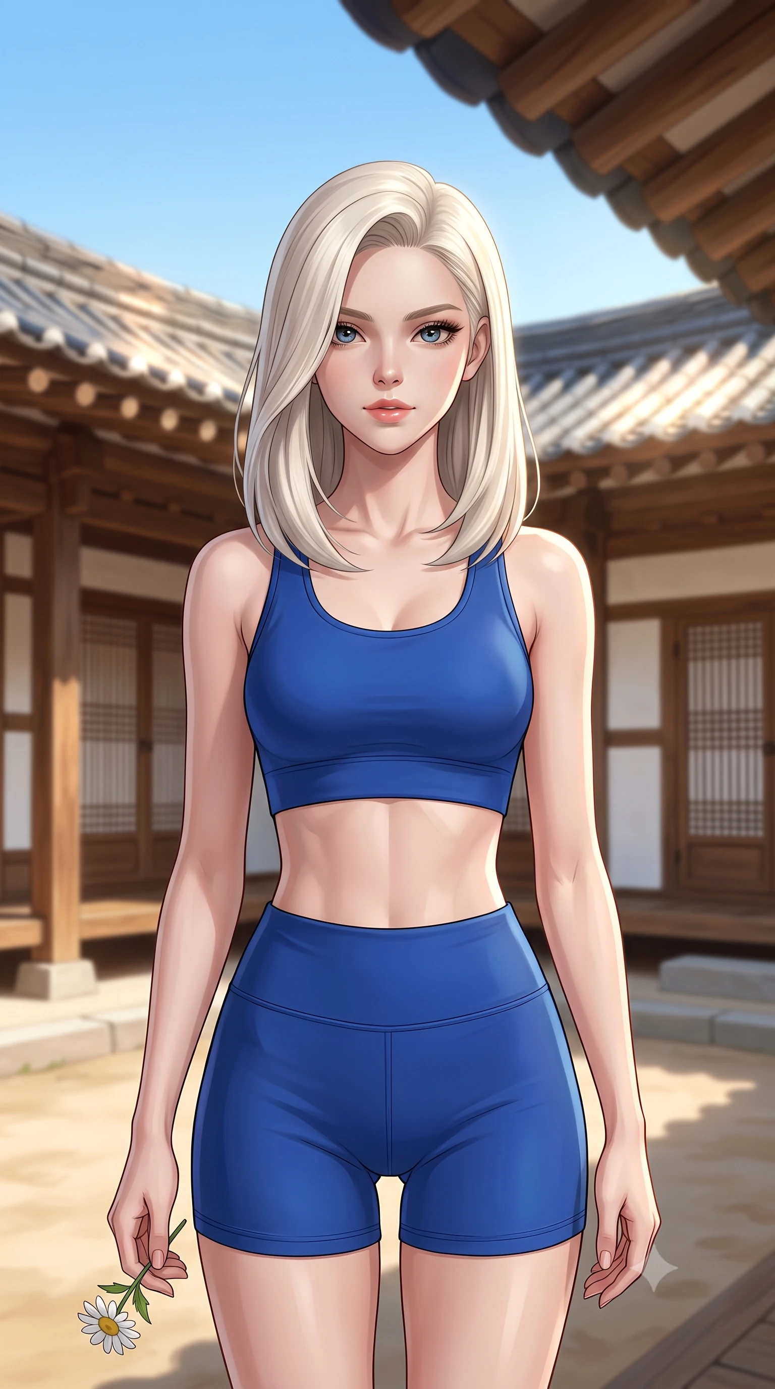 score_9, masterpiece, best quality, ultra-detailed, high-budget anime keyframe, editorial fashion photography, tasteful artistic composition, Caucasian woman woman. close-up cowboy shot from the waist and thighs up, the character dominates the composition, filling the frame with her large presence, background elements kept in soft focus. gazing directly at the viewer with a calm and welcoming expression, holding a fresh flower the background shows a soft-focus a quiet clay-and-stone courtyard of a traditional Korean hanok house under a blue sky. She has an exceptionally elegant, slender, and willowy female figure with an ultra-slim waist, a gracefully sculpted slender torso, and a refined silhouette. sharp v-shaped jawline, high-bridge nose, intricate jewel-like eyes with depth, thick eyelashes, glossy lips with a natural sheen. wearing a form-contouring body-hugging athletic crop top and high-waisted shorts set in royal blue. bright afternoon sunlight reflecting off the tiled roof and wooden pillars. 2k, ultra detail, master piece, 9:16 ratio