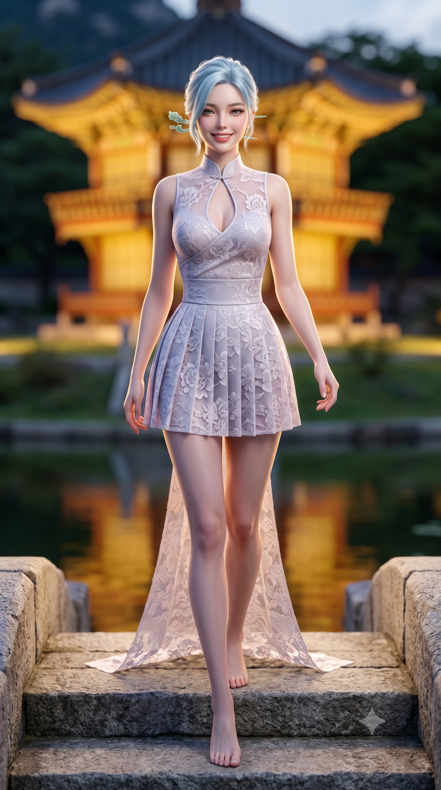 score_9, masterpiece, best quality, ultra-detailed, high-budget anime keyframe, semi-realistic 3D game render, editorial fashion photography, tasteful artistic composition, Korean woman. low angle full-body shot from head to toe showing her feet, filling the entire 9:16 vertical frame with her statuesque presence, stretching her vertical silhouette. stepping forward gracefully across the stone bridge in mid-motion with a radiant beaming smile, hips swaying in an alluring kinetic rhythm that accentuates her curvy hourglass silhouette and long slender legs while sitting poised on the stone steps of the island pavilion with legs crossed, her modern fusion hanbok trailing gracefully across ancient granite. The background shows a soft-focus the two-story hexagonal Hyangwonjeong pavilion illuminated in warm gold across still pond waters blurred into gold, jade, and dark obsidian bokeh. She has an absolutely perfect, statuesque 8.5-heads proportion, an exceptionally tall and slender model-like female figure with impossibly long slender legs, an ultra-slim waist, a flat toned midriff, narrow delicate ribcage, and beautifully sculpted feminine hips creating a graceful, slim hourglass silhouette without any bulky heaviness. sharp v-shaped jawline, high-bridge nose, intricate jewel-like dark sparkling almond eyes with depth, thick lashes, glossy parted lips with a natural rose-plum sheen, bright alluring and coquettish smile with bedroom-eyes, exuding both timeless oriental elegance and sovereign high-fashion allure, flawlessly proportioned anatomical accuracy, strict slender model proportions, natural body alignment, perfectly sculpted long slender limbs, ultra-slim waistline, clean dynamic posture without body distortion. wearing a sleeveless modern qipao top with an elegant teardrop chest keyhole cutout paired with a curve-hugging pleated mini skirt in frosted lilac mist and pearlescent alabaster, woven from delicate semi-opaque floral lace with oriental peony patterns, featuring a modern sculptural jade hair pin securing her loose silky updo, the high-waisted wrap tailoring accentuating her ultra-slim waistline and the enchanting curve of her feminine hips with alluring oriental charm. illuminated by full moon celestial rays and sharp warm-gold rim lights defining her sculpted collarbones, ultra-slim waist, and curvy hips. highly saturated vibrant anime colors, detailed shading with soft gradients, rich glossy textures, high-contrast stereoscopic depth, volumetric dynamic lighting, master piece, 9:16 ratio